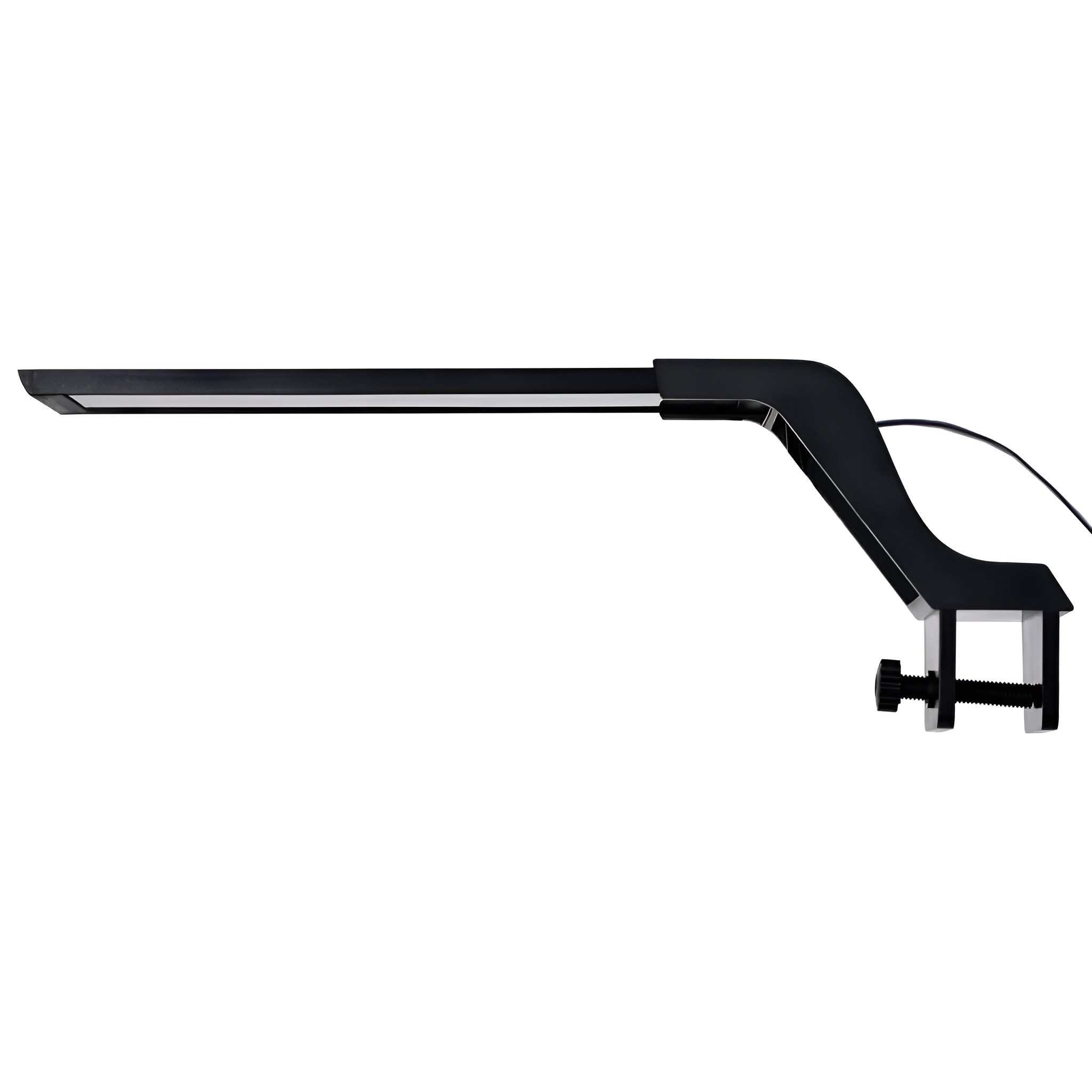 Schwarze Schreibtischlampe mit Klemme. Die Lampe hat ein langes, dünnes Licht und einen flexiblen Arm.