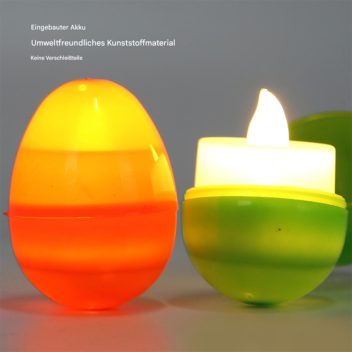 Eiförmige Kerzen. Orange und gelbe Kerze und eine grüne Kerze. Text: eingebauter Akku, umweltfreundlich.