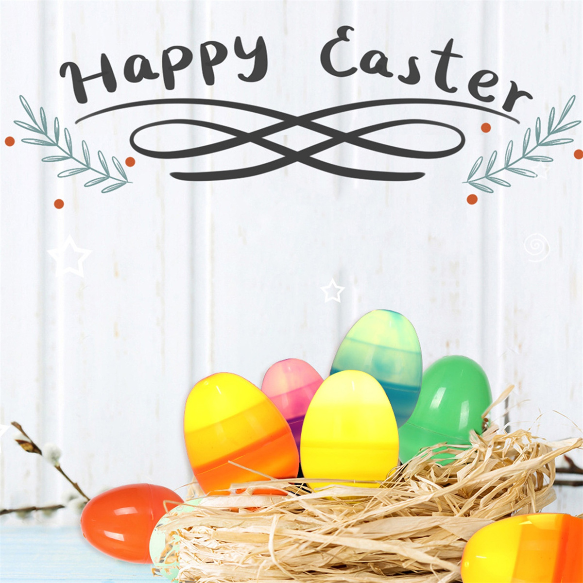 Ostereier in einem Nest mit den Worten 'Frohe Ostern' darüber.
