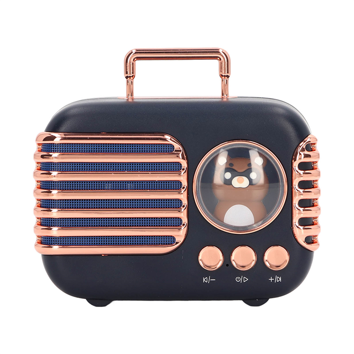 Marineblaue und roségoldene Lautsprecher im Retro-Radiostil mit Bär im Inneren. Hat Knöpfe und einen Griff.