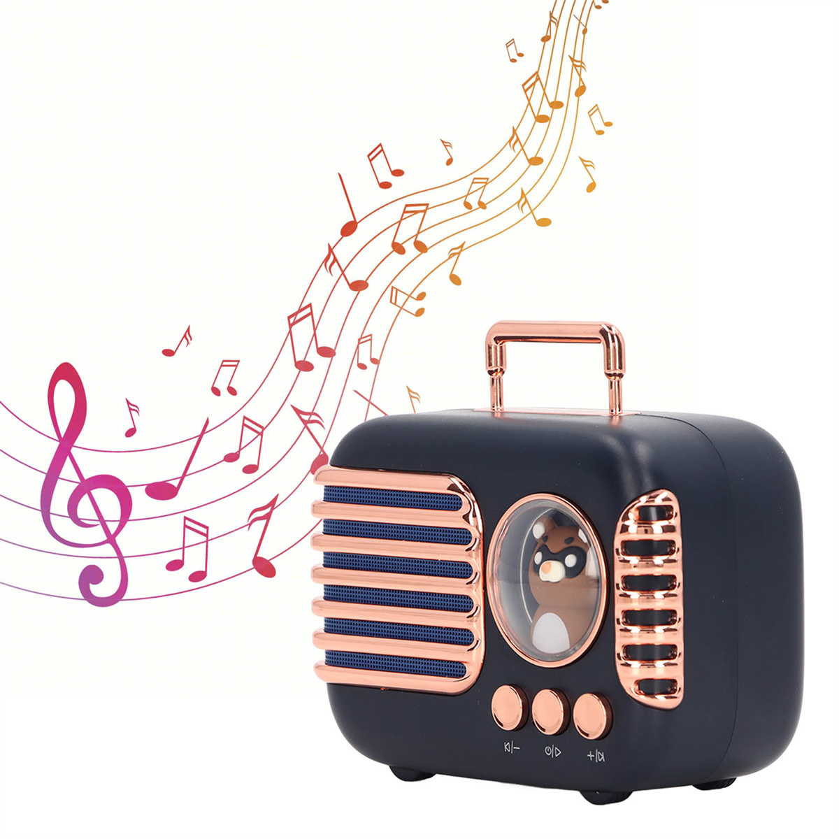 Retro-Radio mit Musiknoten, umgeben von weißem Hintergrund.