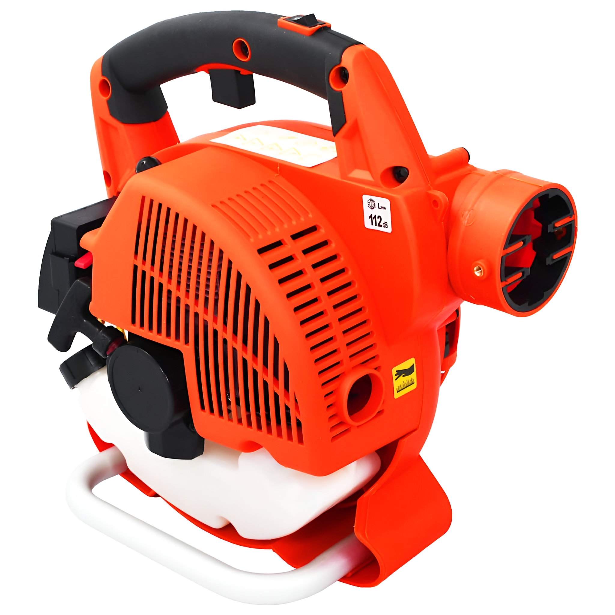 Ein orangefarbener und weißer Laubbläser mit schwarzem Griff, vor weißem Hintergrund.