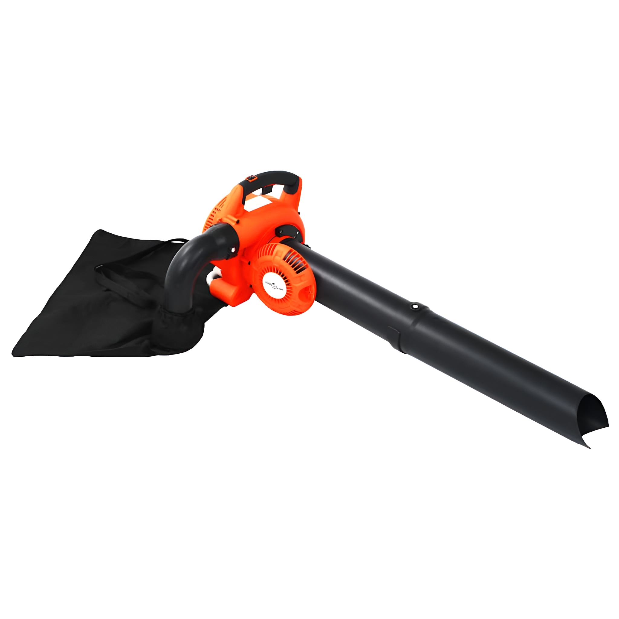 Orangener und schwarzer Laubbläser mit befestigtem schwarzem Beutel, vor weißem Hintergrund.