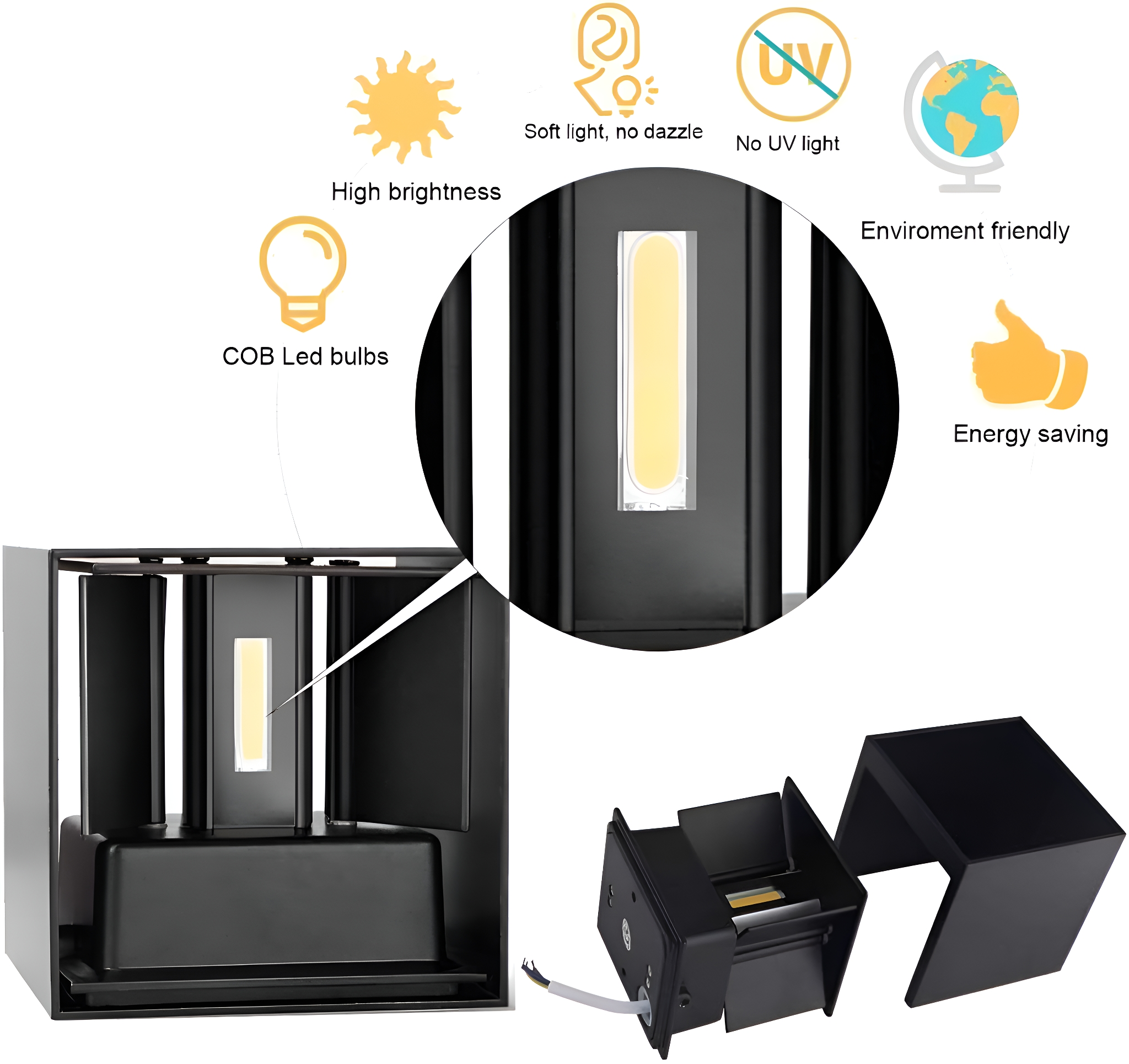 Das Bild zeigt eine schwarze Wandleuchte mit einer COB-LED-Lampe. Merkmale sind hohe Helligkeit, weiches Licht, kein UV-Licht und Energiesparen.