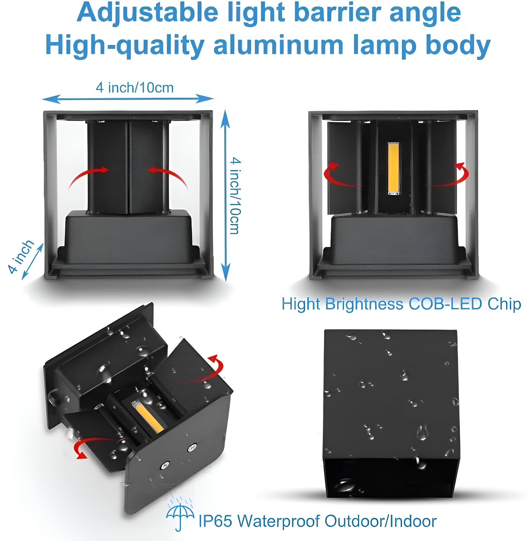 Schwarze Außenlampe mit einstellbarem Lichtwinkel. Enthält Diagramme und Abmessungen.
