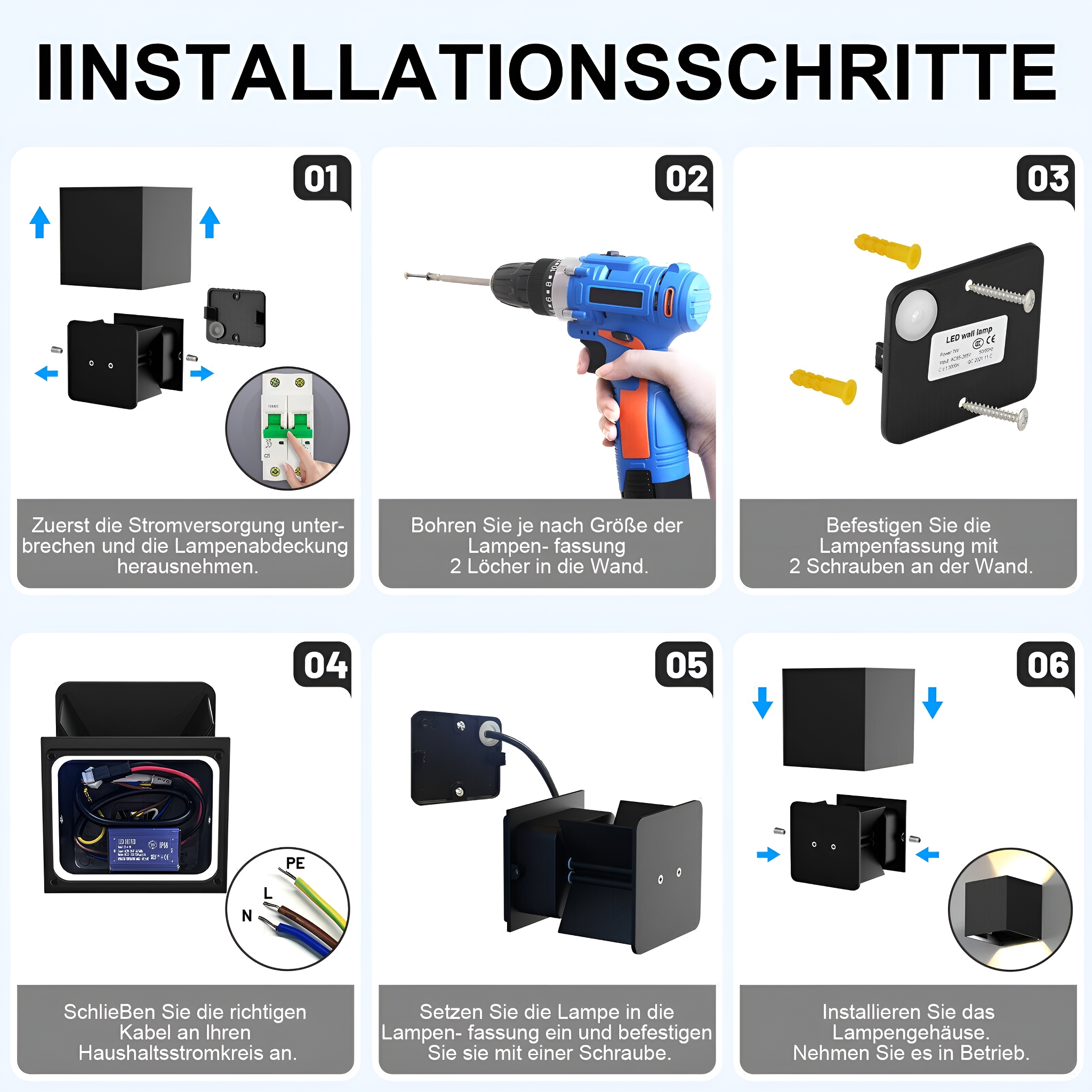 Schritt-für-Schritt-Anleitung zur Installation einer Lampe mit nummerierten Schritten und Diagrammen auf weißem Hintergrund.