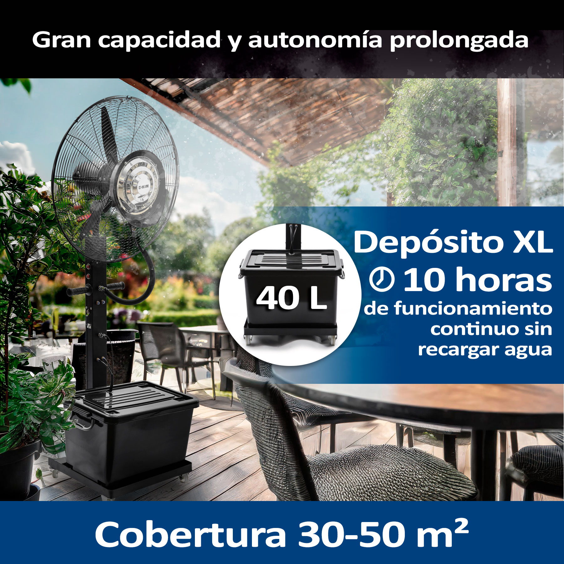 Un ventilador industrial junto a un tanque de agua negro sobre ruedas. Texto: 40 L, 10 horas, 30-50 m².