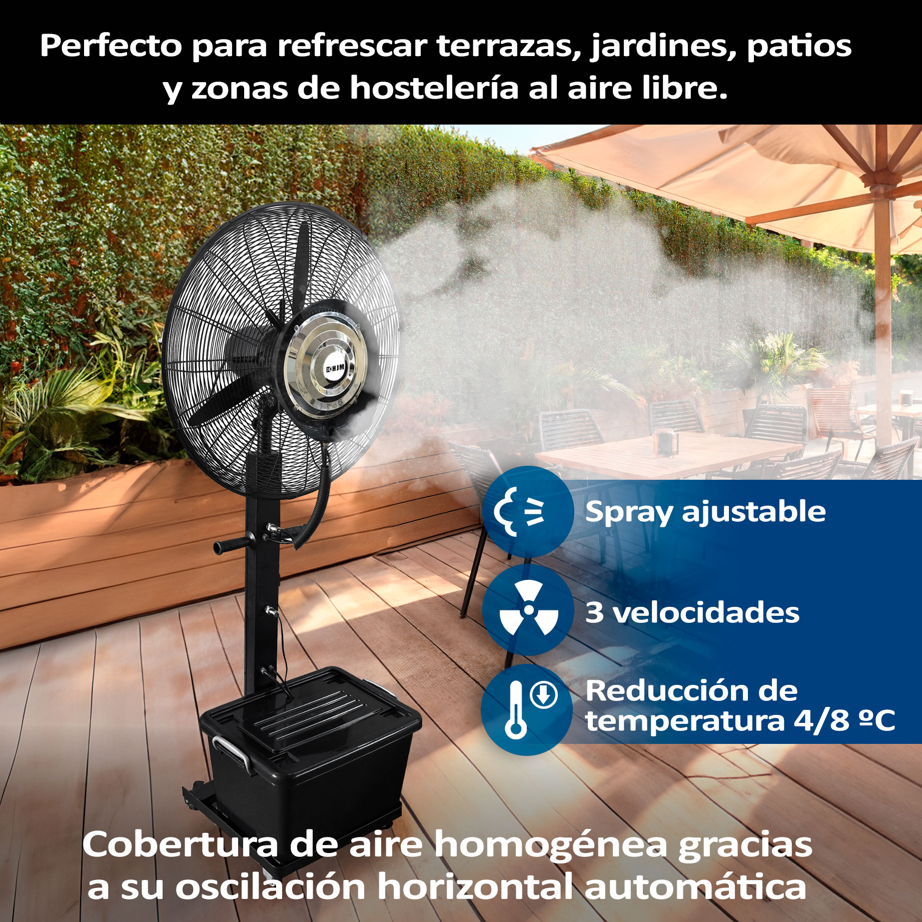 Un ventilador nebulizador en un patio, con texto que describe rociado ajustable, 3 velocidades y reducción de temperatura.