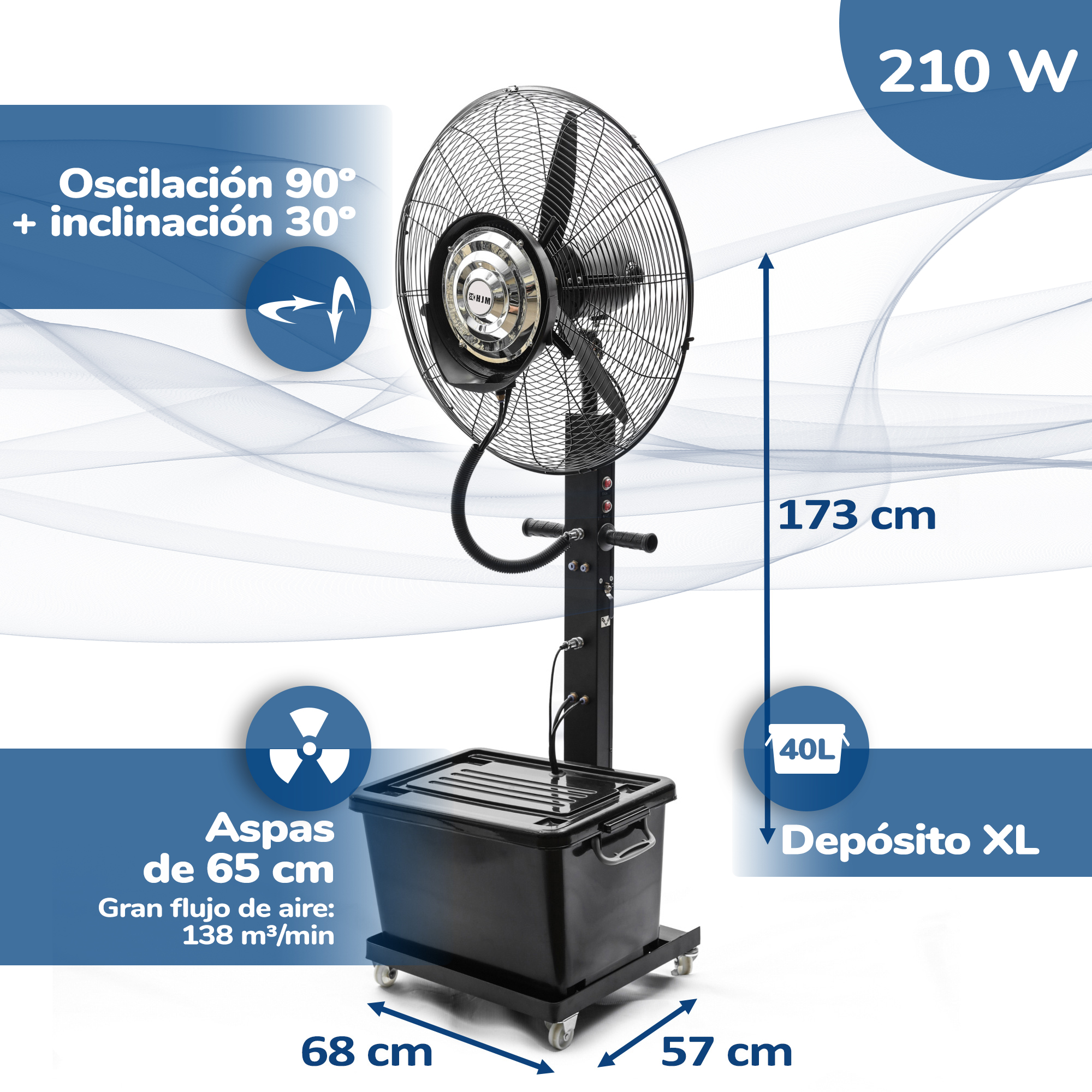 Ventilador industrial grande con carcasa negra. Tiene un tanque de agua en la parte inferior y está sobre ruedas.