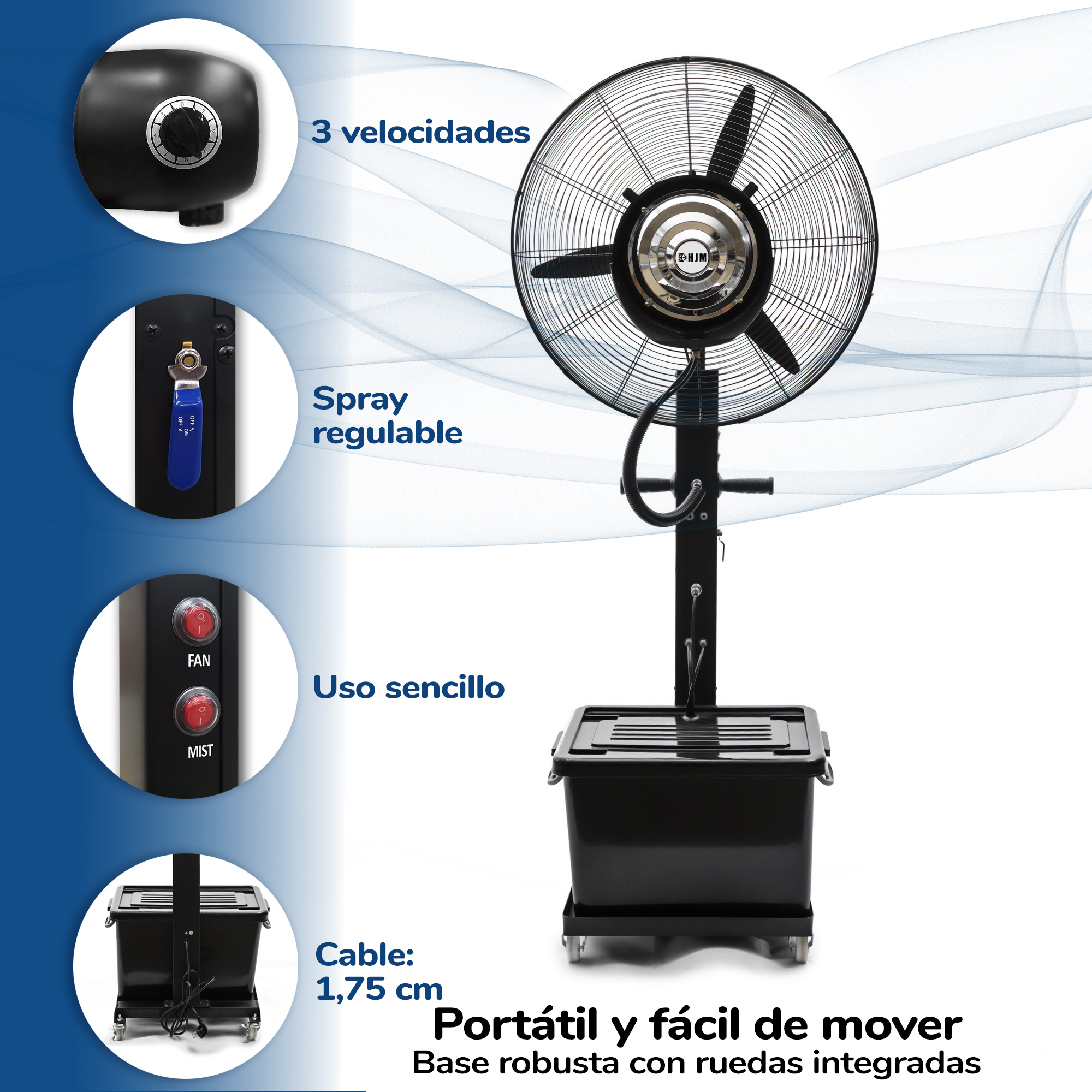 Ventilador industrial con descripciones, texto en español y un depósito de agua negro.