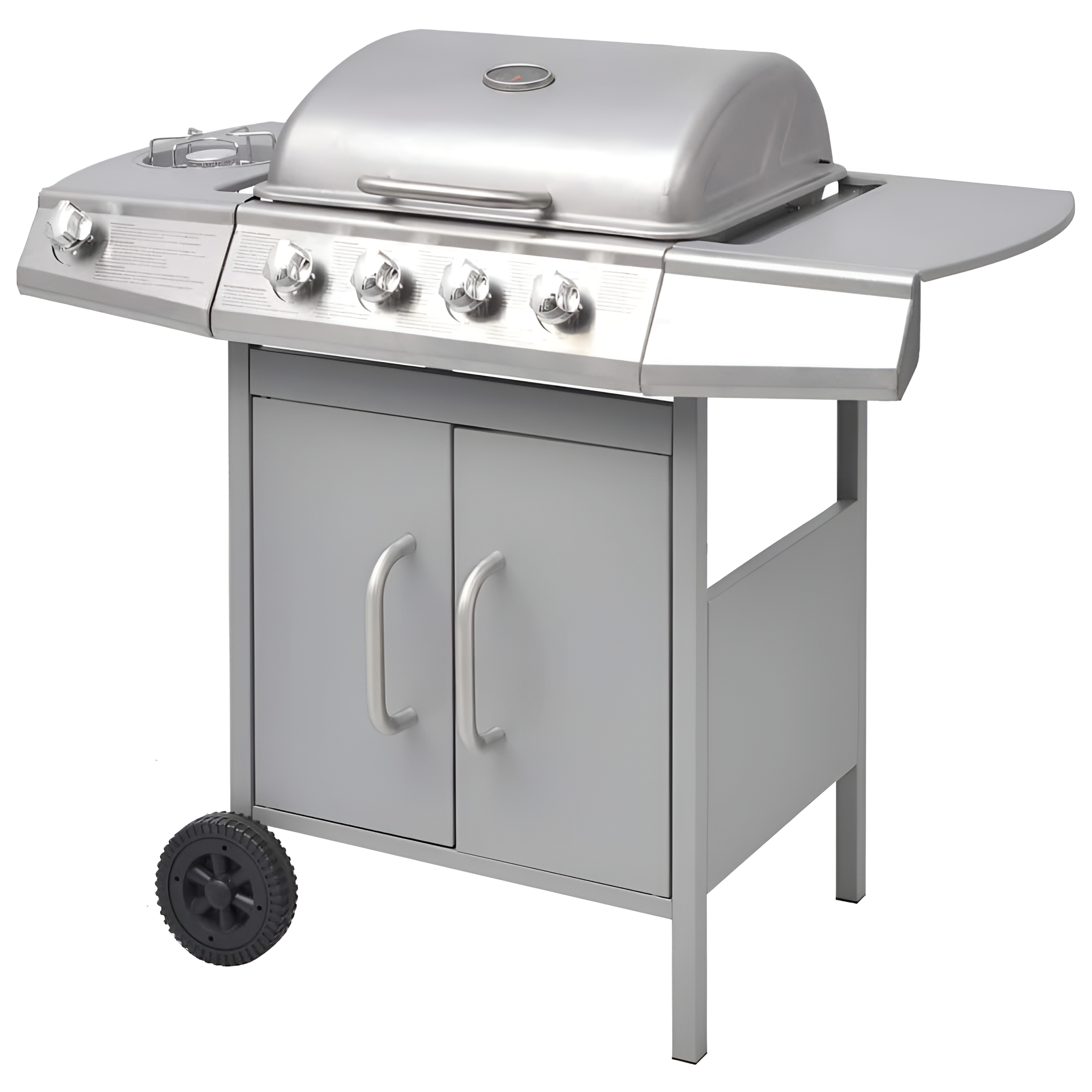 Ein silberner Grill mit geschlossenem Deckel. Mit Seitenablage und Schrank darunter. Isoliert.