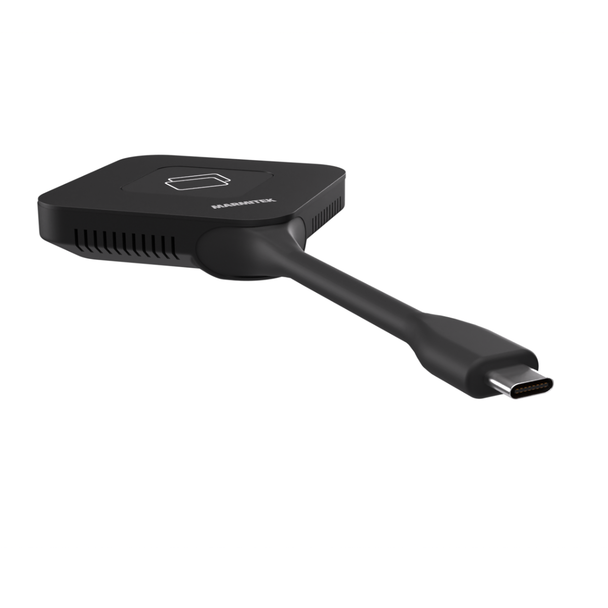Zwart Marmitek-apparaat met een kabel en USB-C-connector. Geïsoleerd op witte achtergrond.
