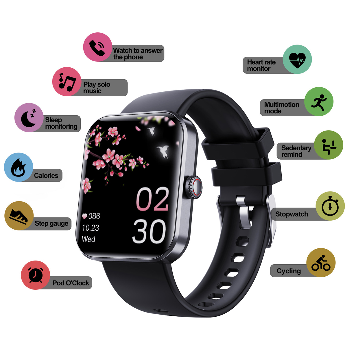 Eine schwarze Smartwatch mit schwarzem Armband. Symbole zeigen Funktionen wie Herzfrequenz und Schlafüberwachung.