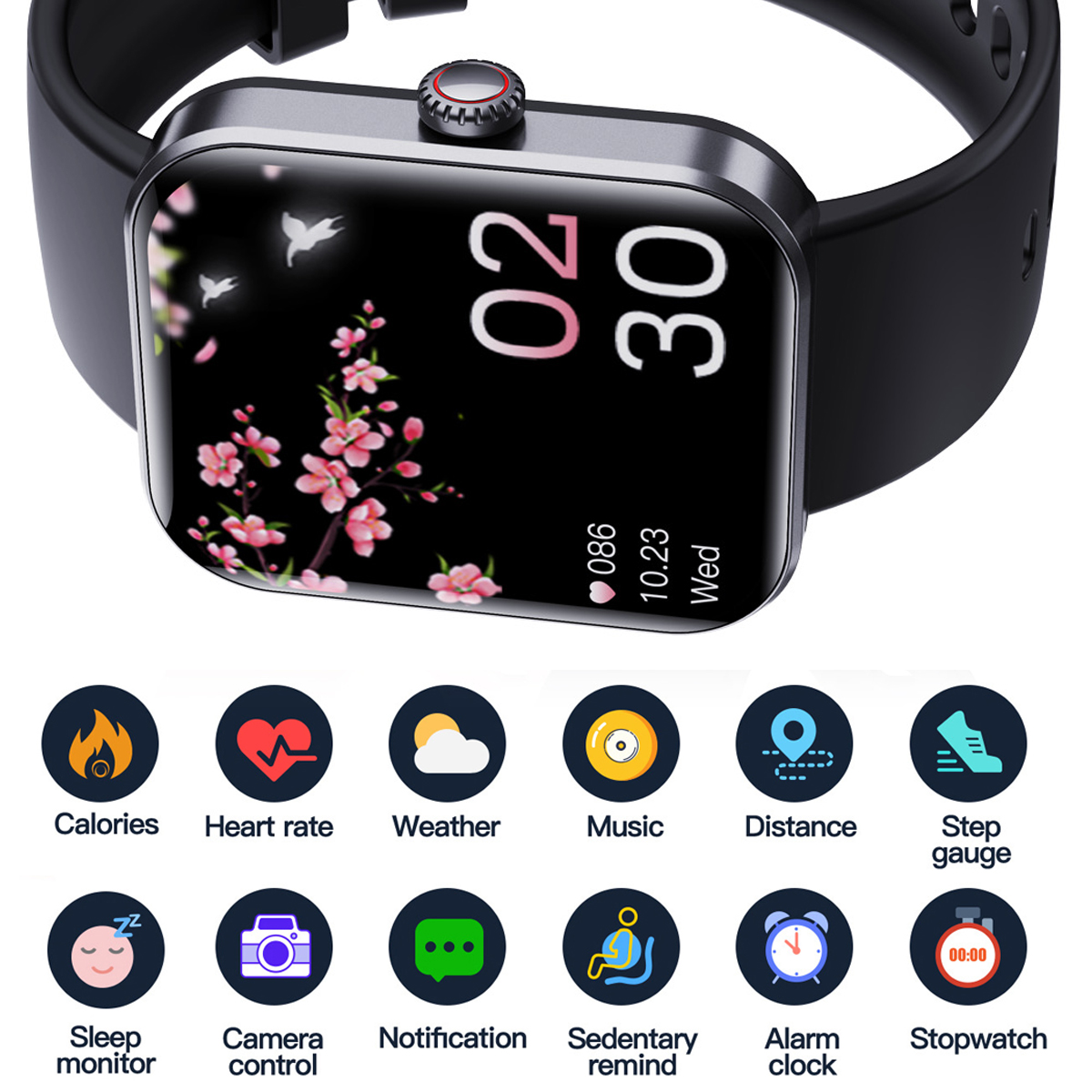 Eine schwarze Smartwatch, die Zeit, Blumen und Gesundheitsdaten-Icons anzeigt.