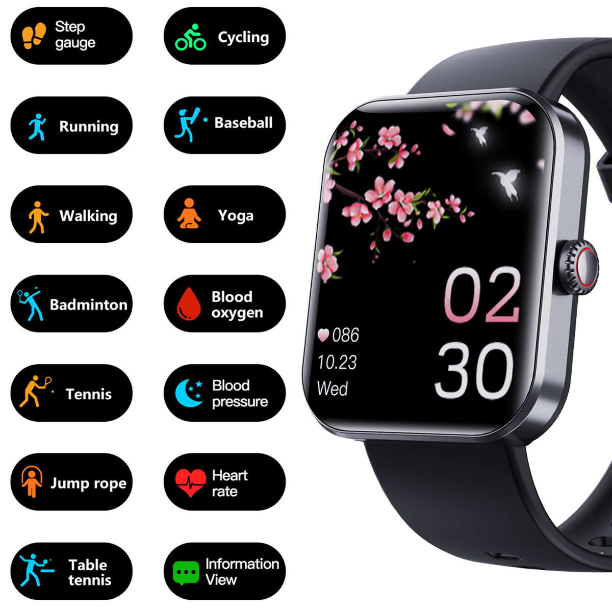 Smartwatch mit schwarzem Armband und Display, das Zeit- und Gesundheitsinformationen anzeigt.