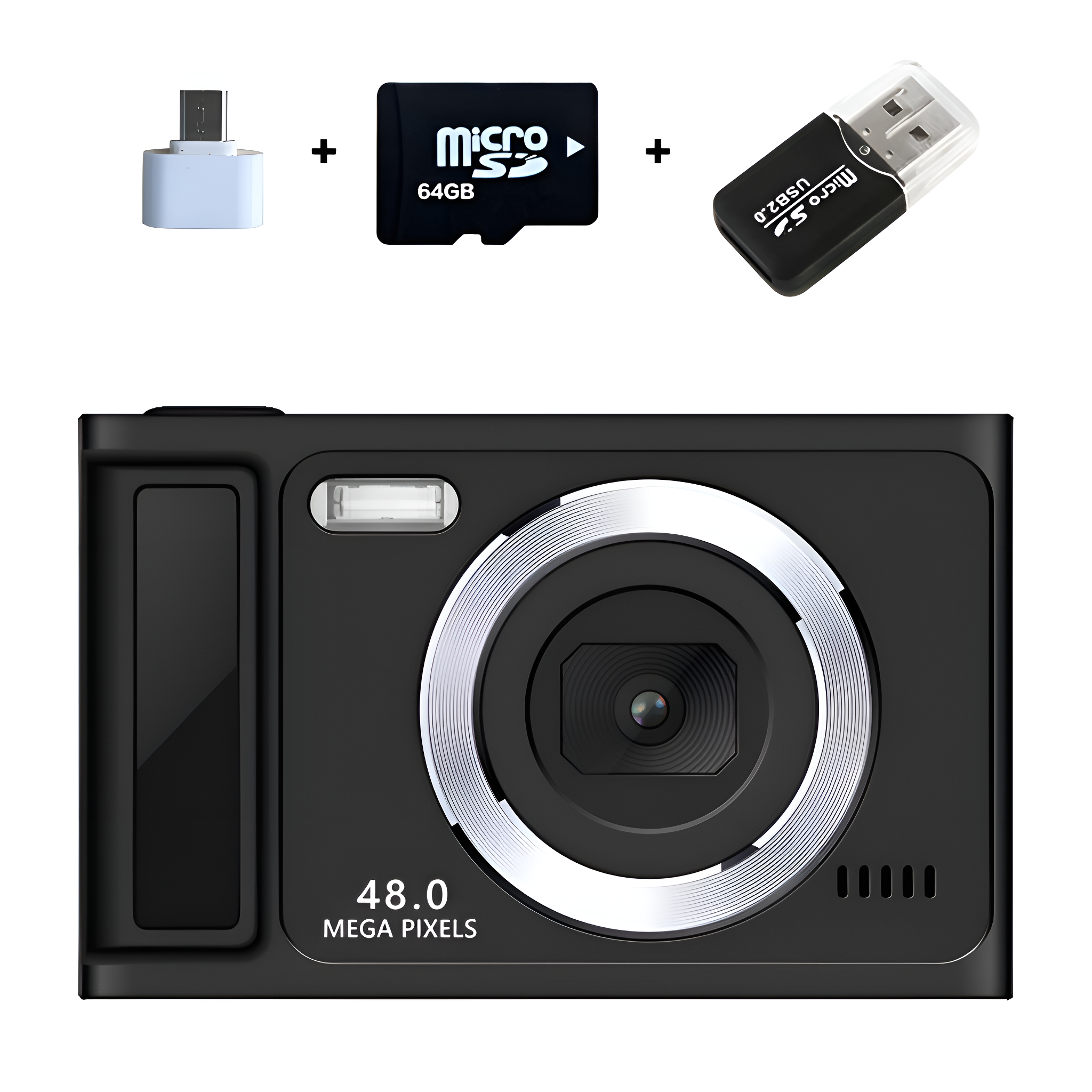 Schwarze Digitalkamera, SD-Karte, USB-Adapter und Micro-SD-Karte. Weißer Hintergrund.