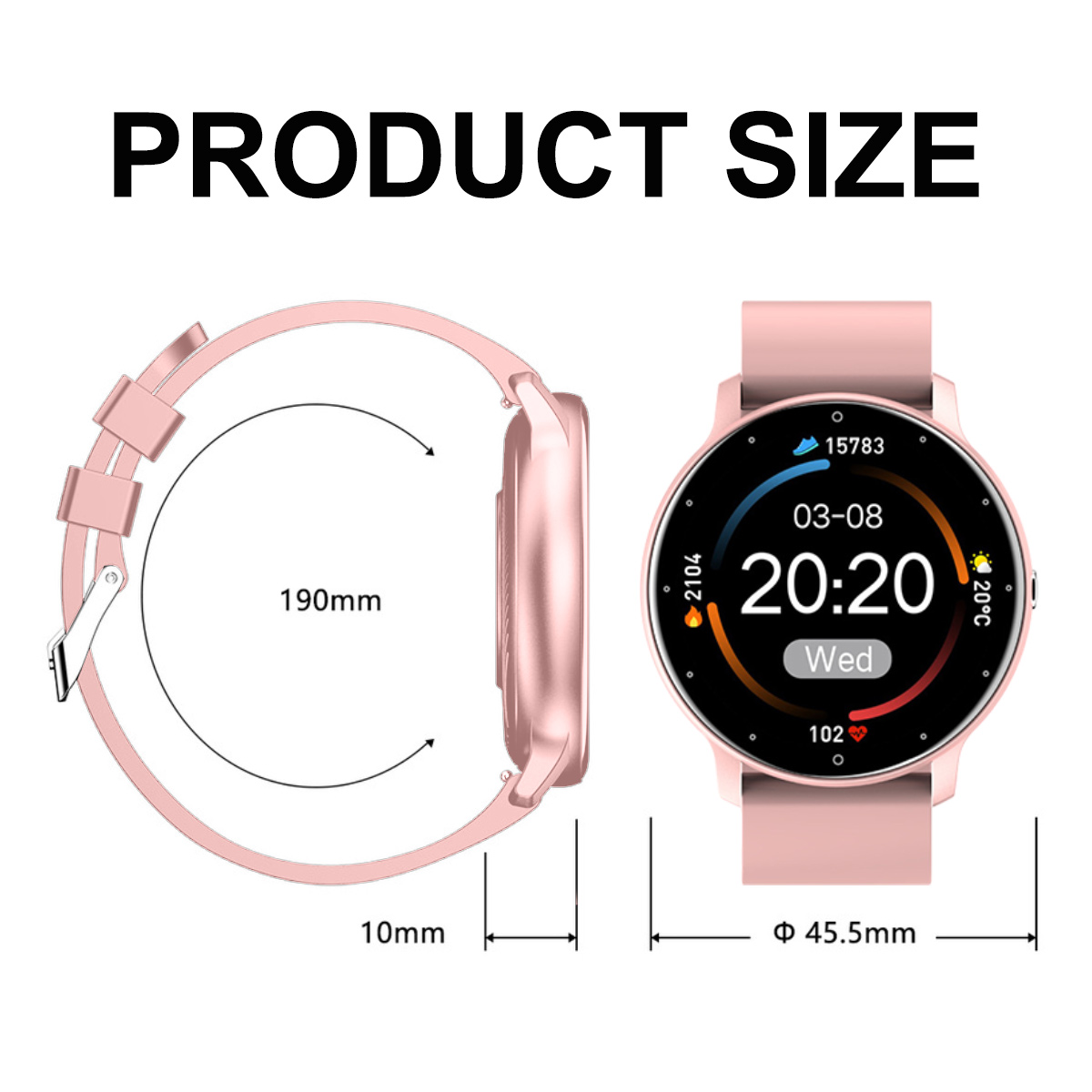 Eine rosa Smartwatch mit rundem Bildschirm, die Zeit und andere Daten anzeigt.