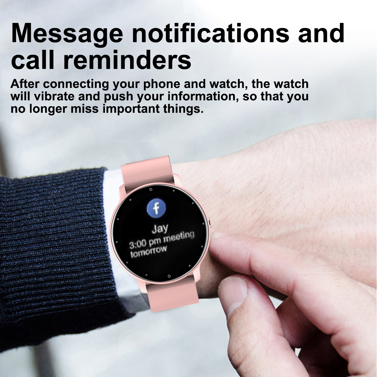 Eine Smartwatch, die eine Facebook-Benachrichtigung am Handgelenk anzeigt, mit einer Hand, die den Bildschirm berührt.
