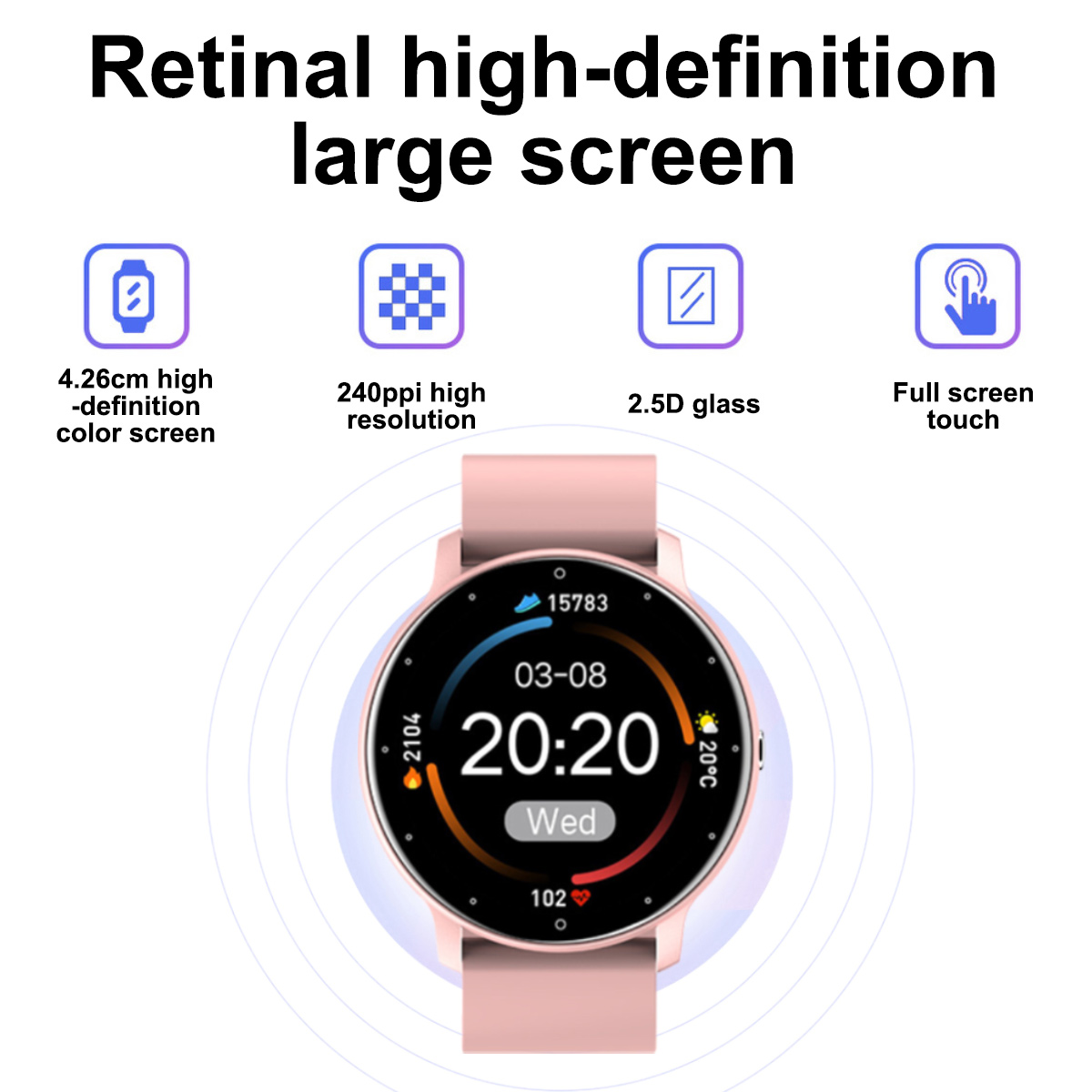 Eine rosa Smartwatch mit Zeit- und Datumsanzeige, die auch andere Funktionen zeigt.