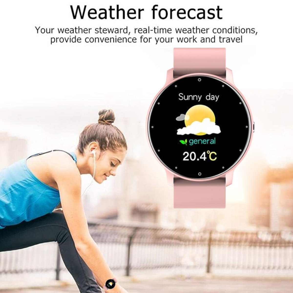 Frau trägt eine rosa Smartwatch. Die Uhr zeigt Wetterinformationen an. Verschwommener Hintergrund.