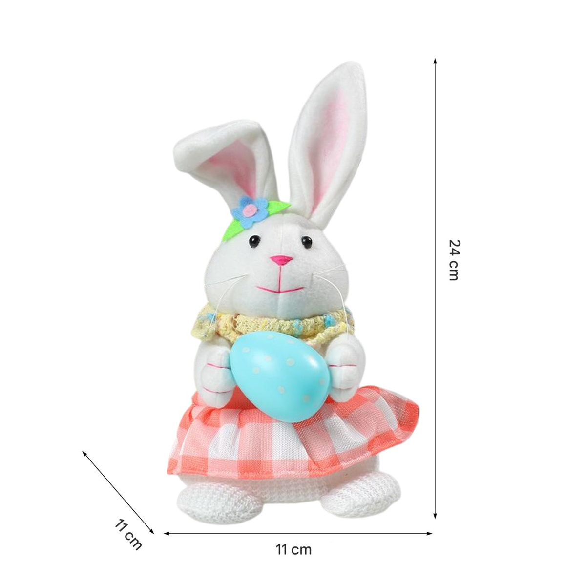 Osterhasen-Figur mit Ei, Maße: 24 cm, 11 cm und 11 cm.