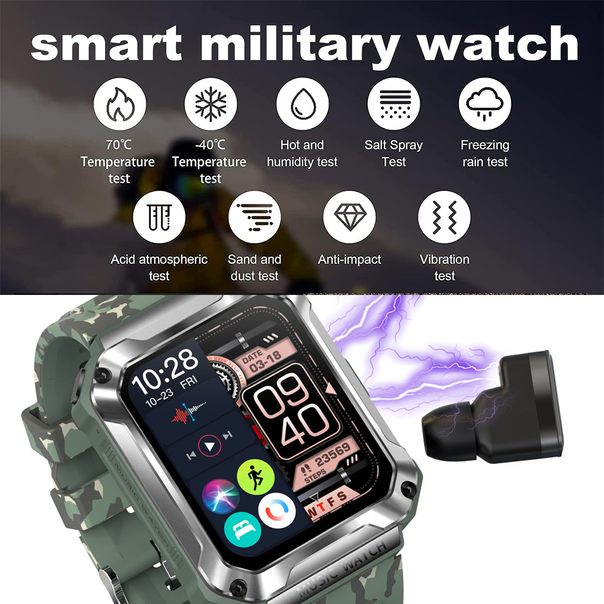 Eine militärische Smartwatch mit Camo-Band. Funktionen wie Temperatur und Vibration werden gezeigt.