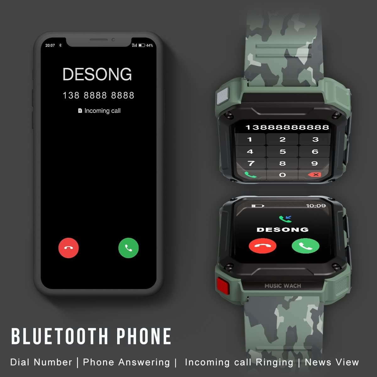 Smartwatch und Telefon zeigen eingehenden Anruf von DESONG an, mit Tasten zum Annehmen/Ablehnen.