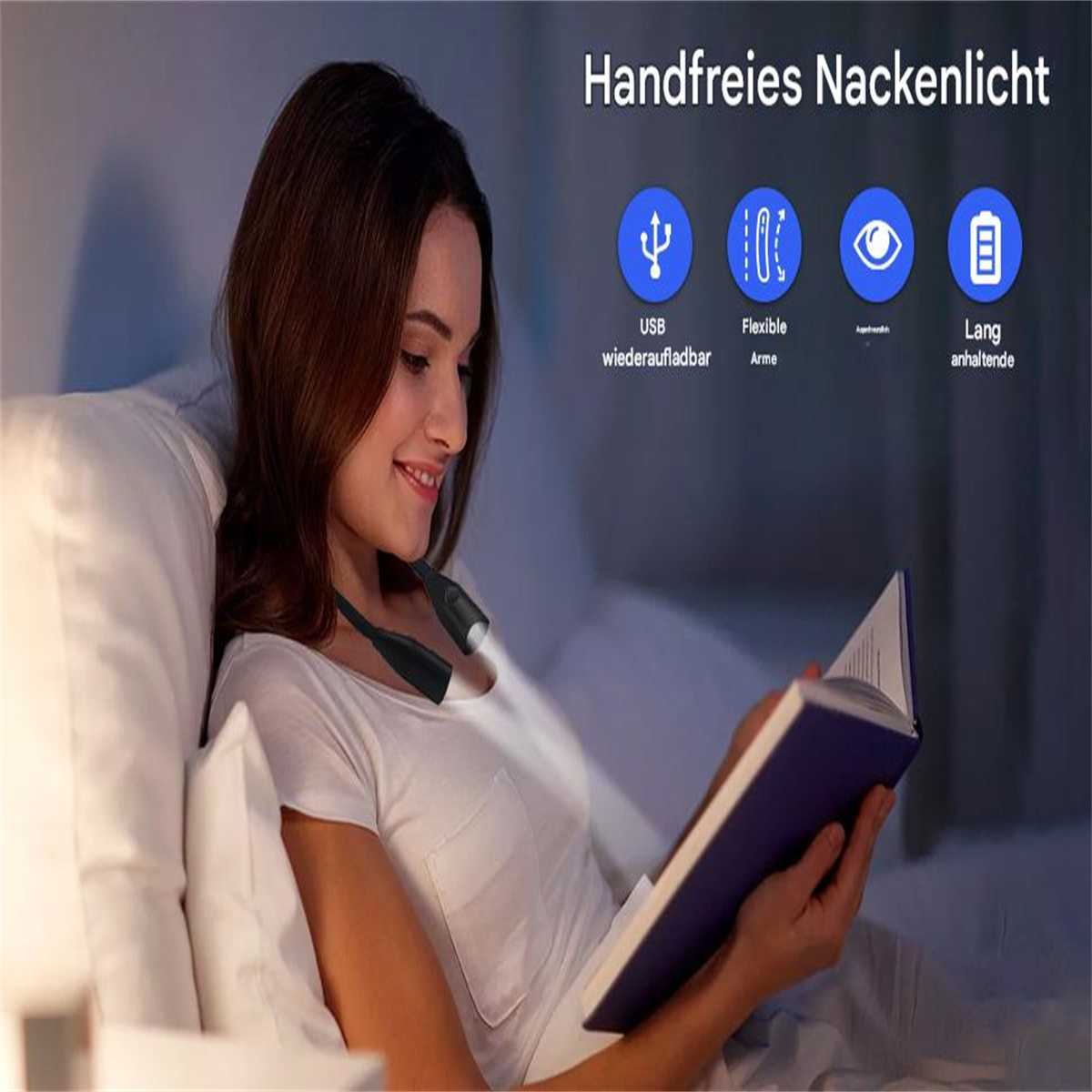 Eine Frau, die ein Buch liest, trägt ein Nackenlicht mit USB-, flexiblen und Batterie-Symbolen.