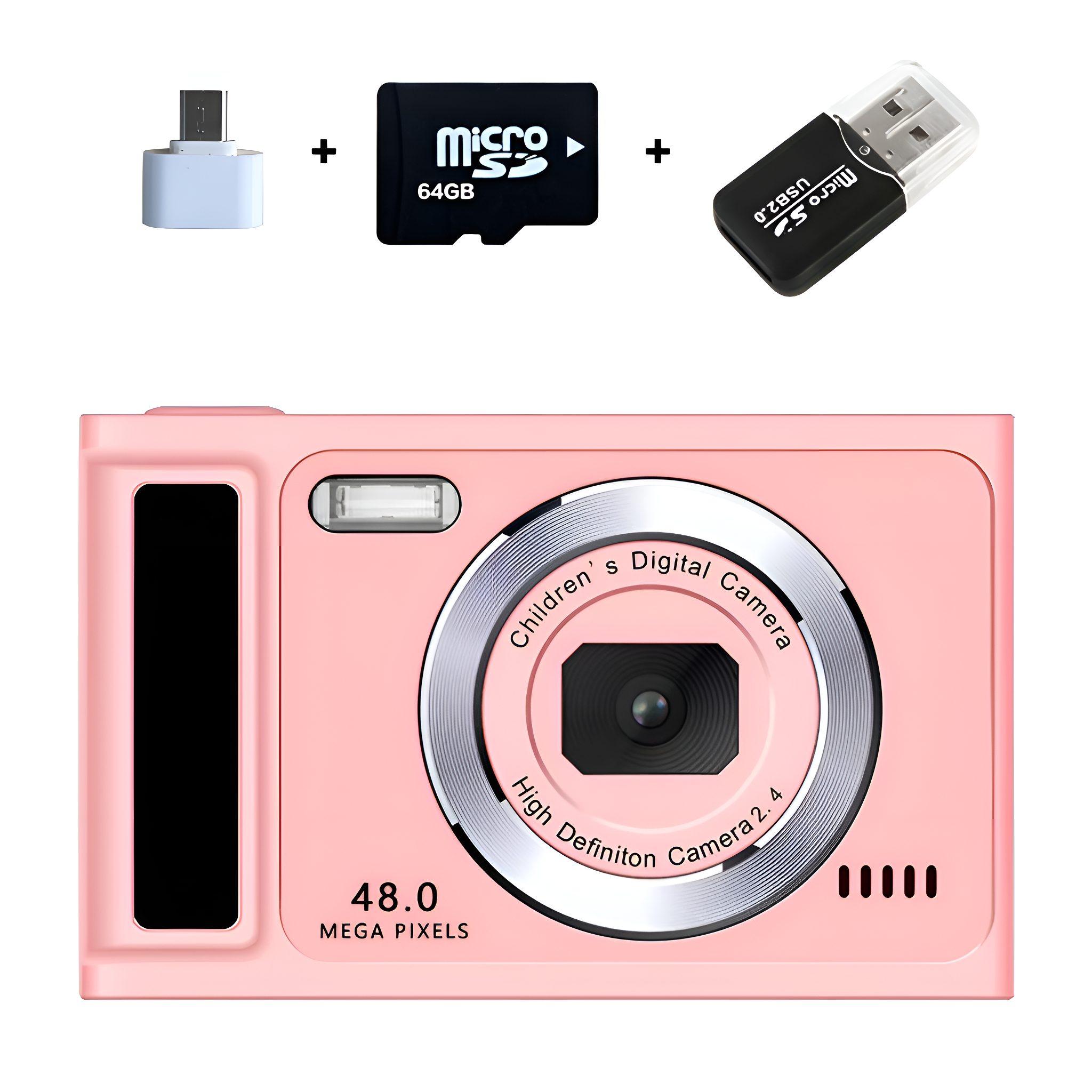 Rosa Kamera mit Zubehör. SD-Karte, USB-Adapter und USB-Stick. Weißer Hintergrund. Kinder Digitalkamera.