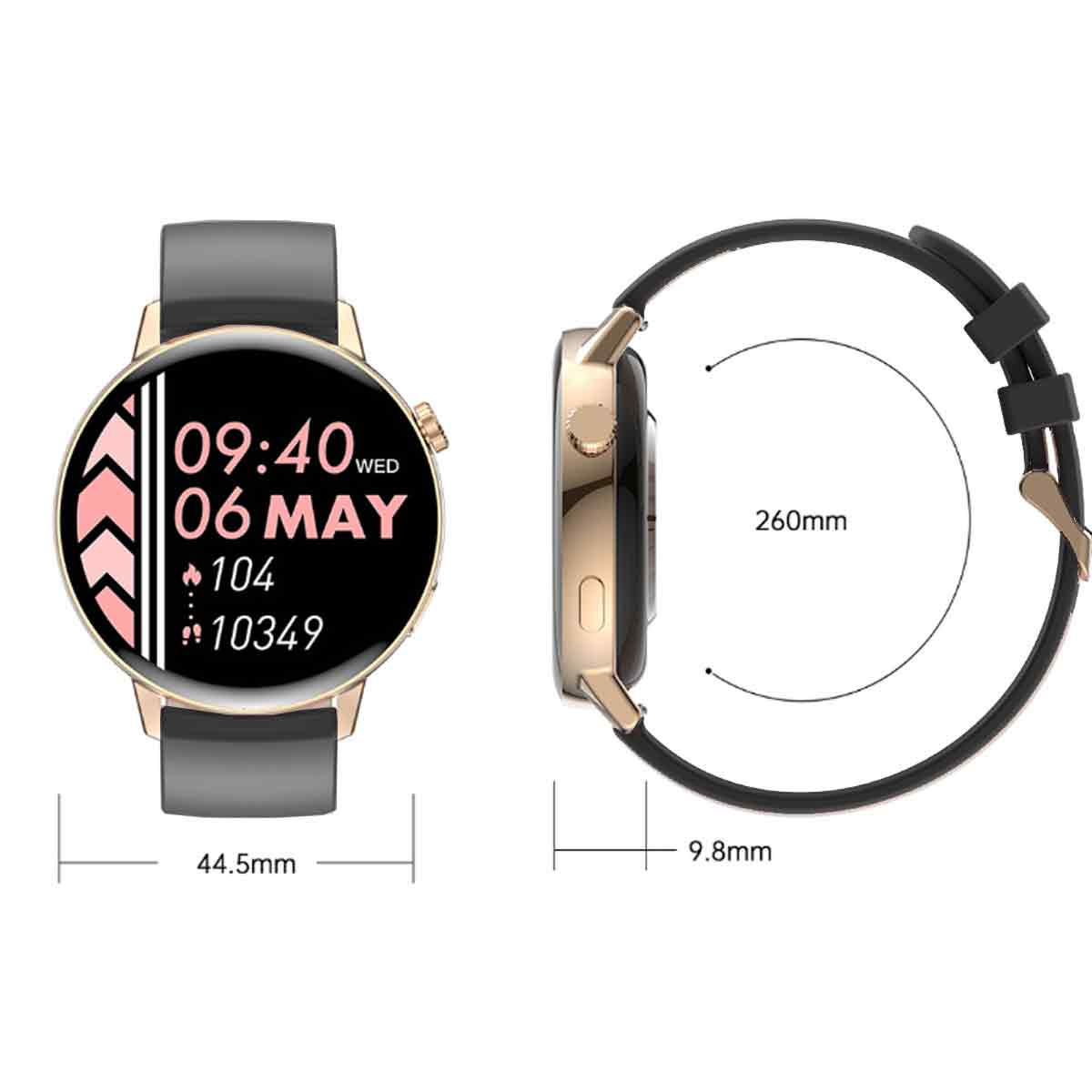 Eine runde Smartwatch mit Anzeige von Uhrzeit und Datum, mit markierten Abmessungen.