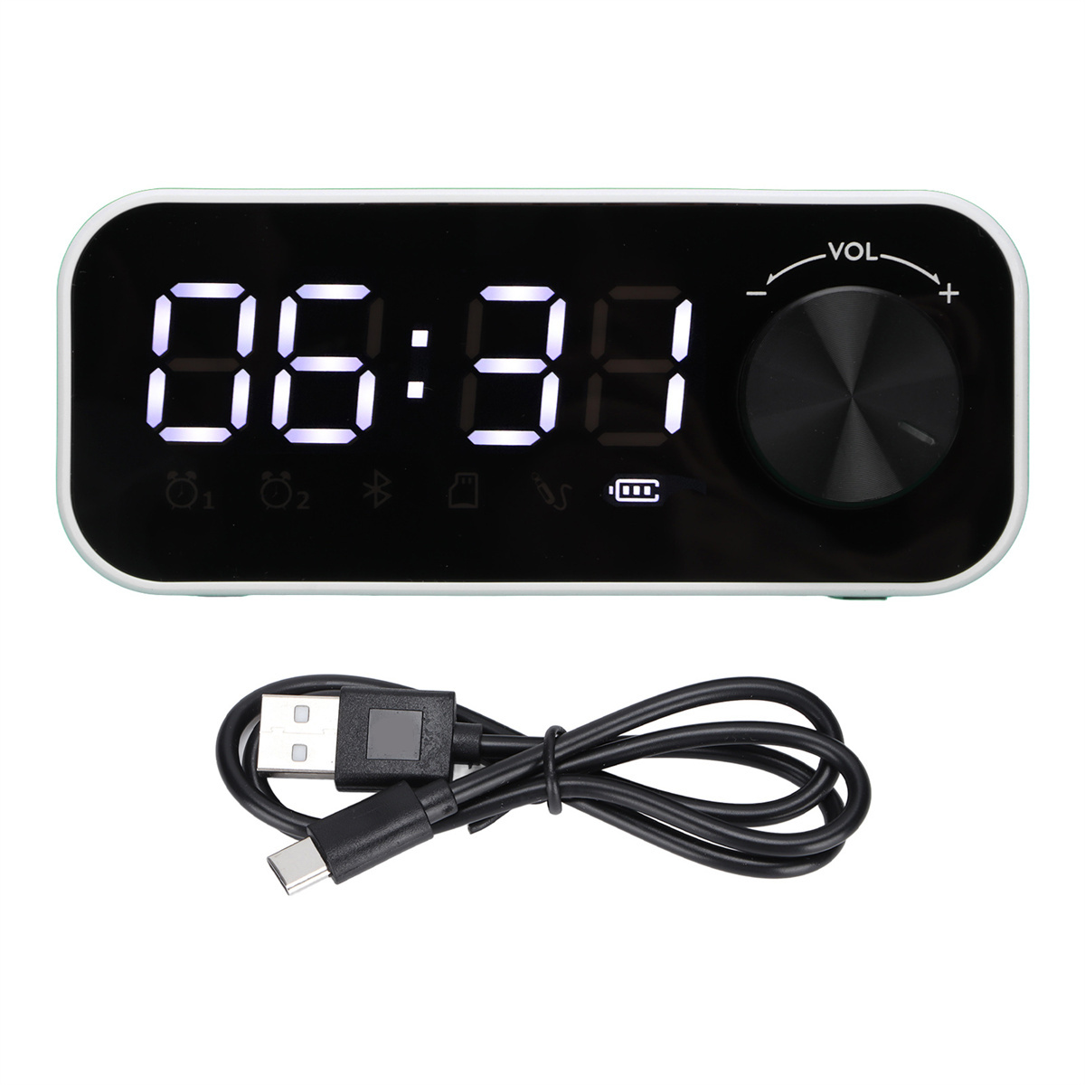 Digitaluhr mit weißer Anzeige 06:31, schwarzem Knopf und Ladekabel.