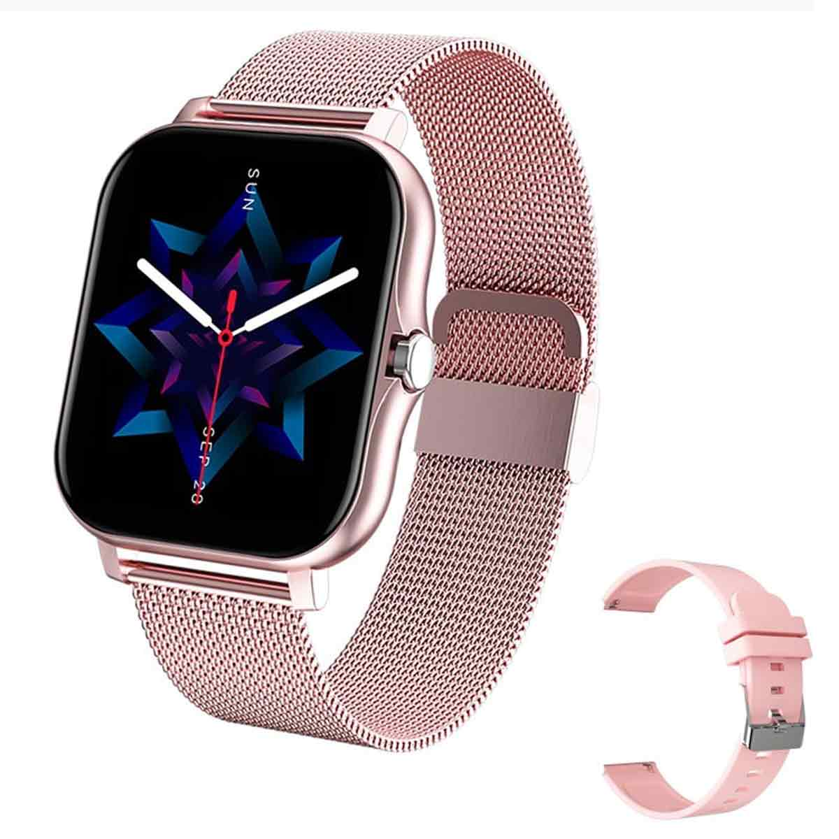 Eine roségoldene Smartwatch mit passendem Mesh-Armband und einem zusätzlichen rosa Band, das das Datum anzeigt.