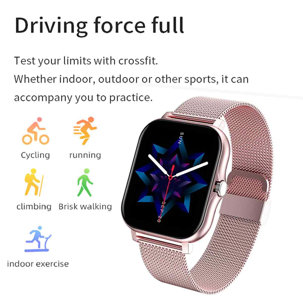 Roségoldene Smartwatch mit Icons für Radfahren, Laufen, Klettern, Gehen und Indoor-Training.