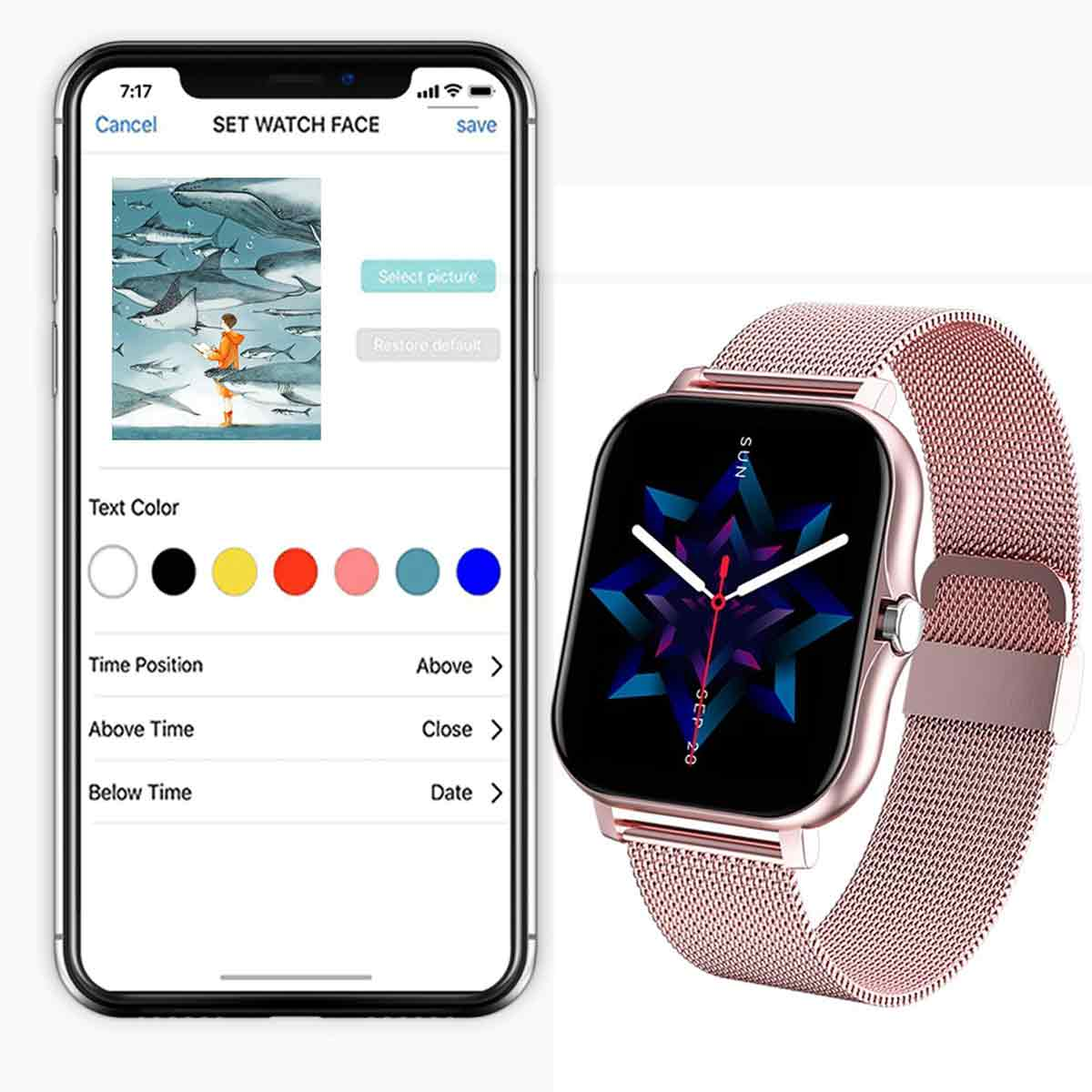 Smartwatch mit rosa Armband neben einem Telefon, das die Watchface-Anpassung zeigt.