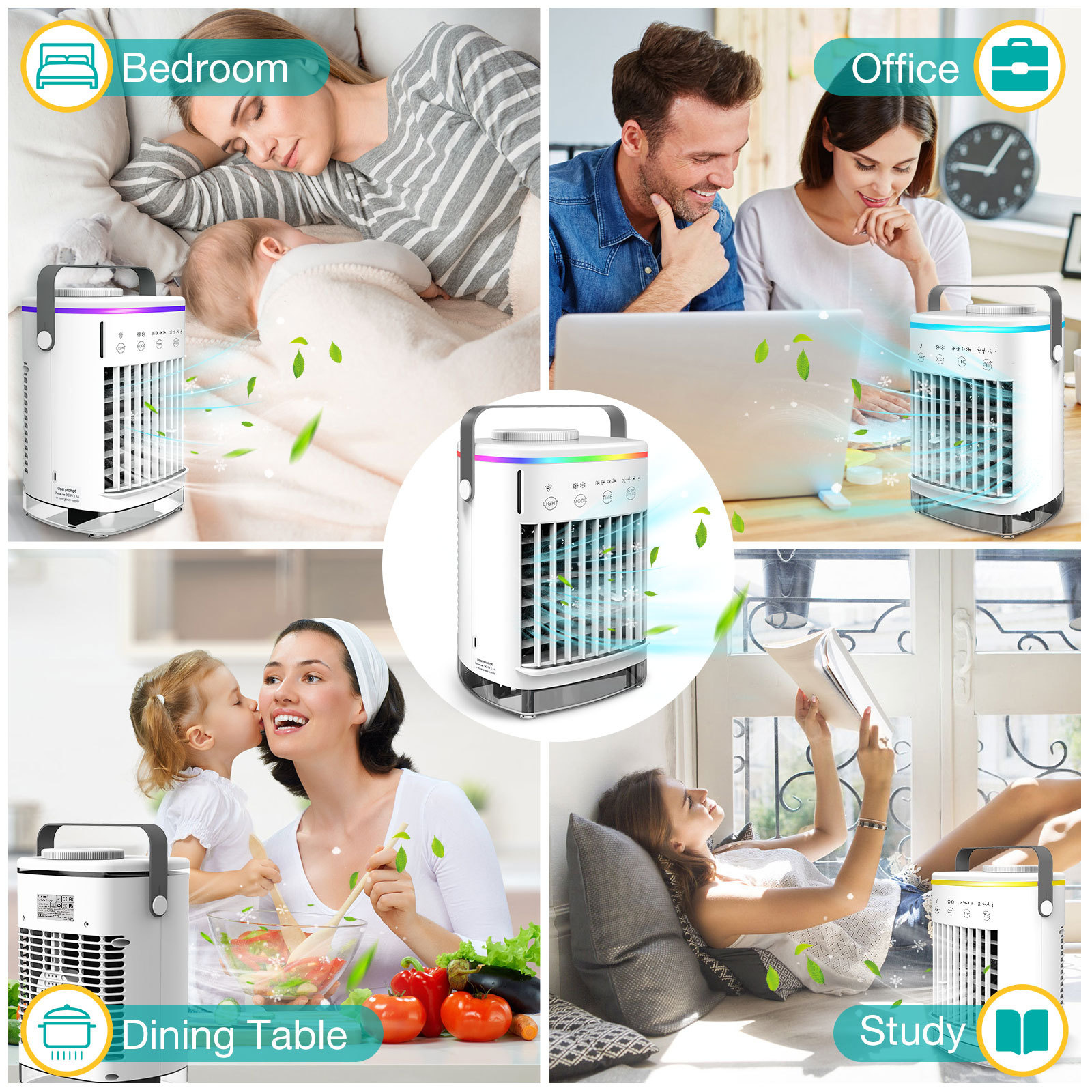 Ein Luftkühler in vier verschiedenen Umgebungen: Schlafzimmer, Büro, Esstisch und Arbeitszimmer. Personen sind anwesend.