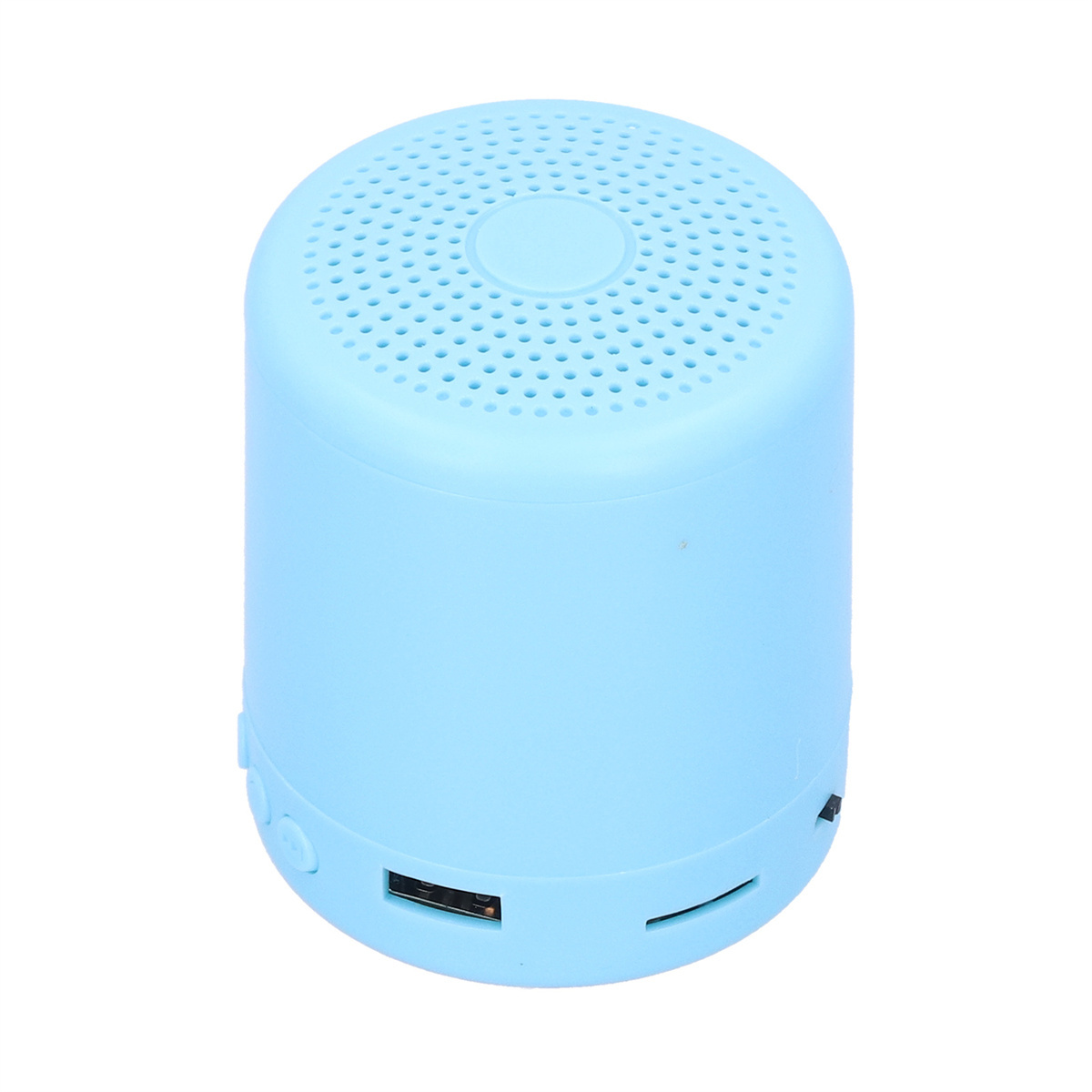 Kleiner blauer Lautsprecher mit USB- und anderen Anschlüssen. Einfaches Design, zylindrische Form.