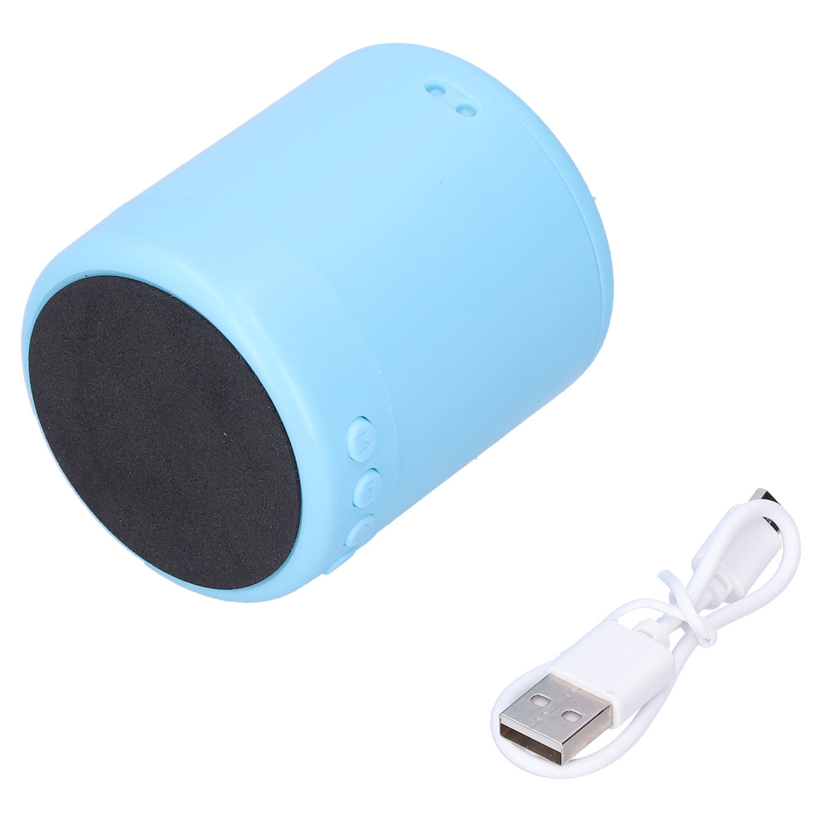 Ein blauer zylindrischer Lautsprecher mit drei Knöpfen an der Seite und einem weißen USB-Kabel.