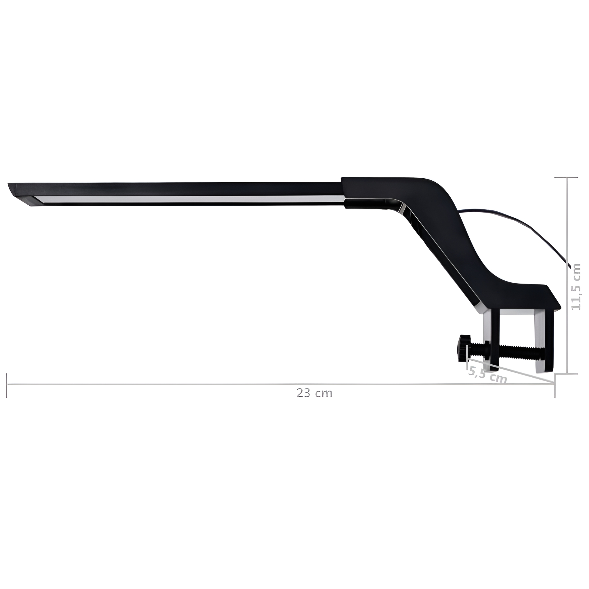 Schwarze Schreibtischlampe mit langer, dünner Lichtaustrittsfläche, Klemme und Maßen in Zentimetern.