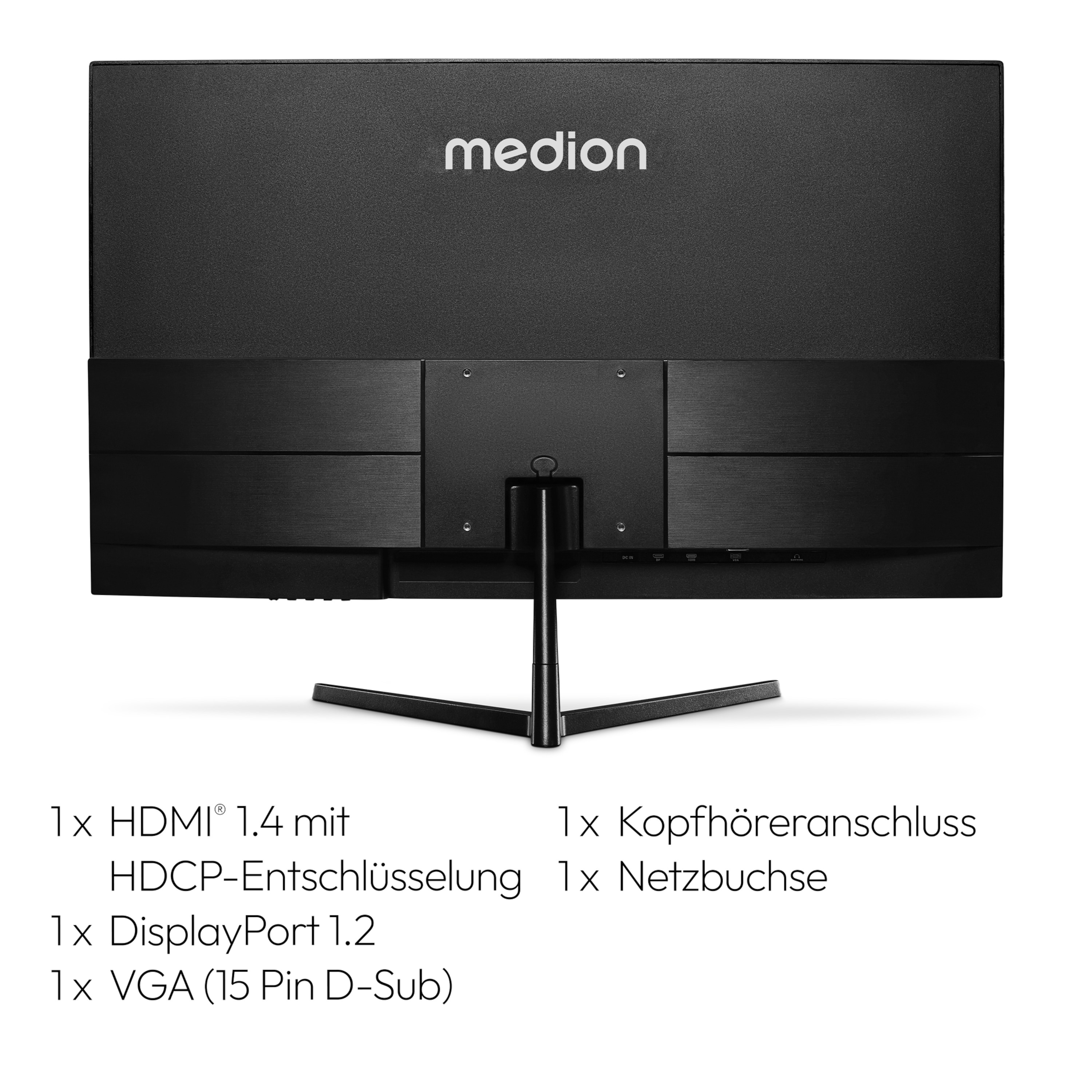 De achterkant van een zwarte computermonitor met tekst onderaan.
