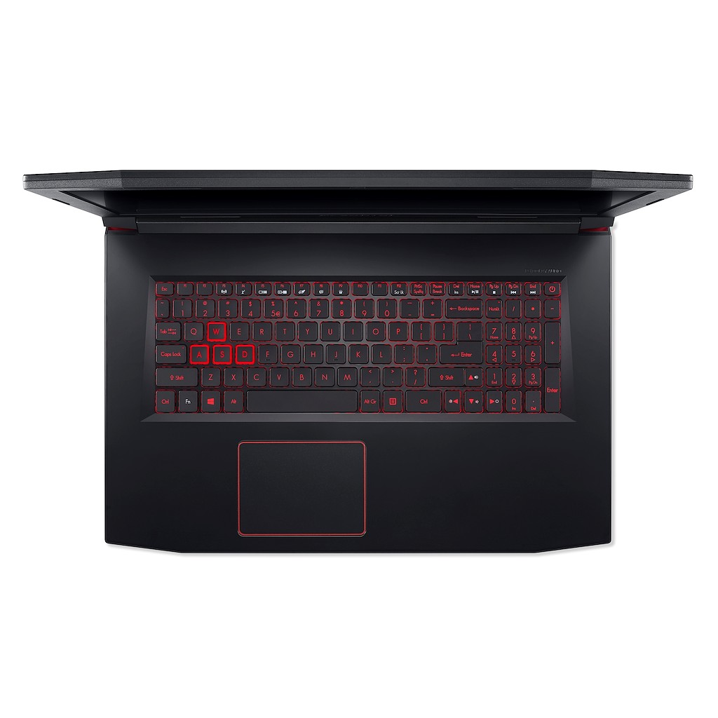 Laptop nero, tastiera con luce rossa. Tasti e touchpad rossi. Vista dall'alto.