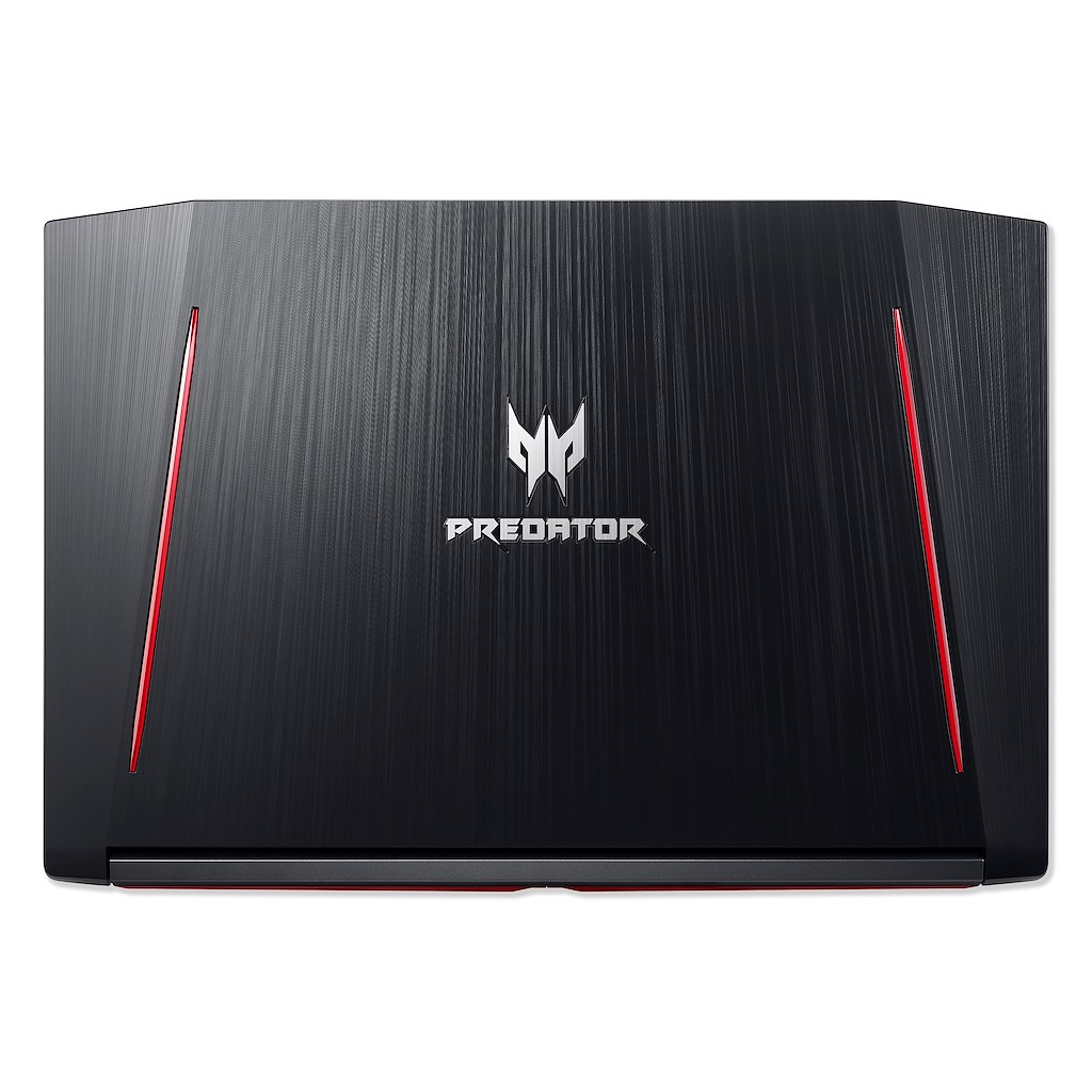Coperchio nero del laptop con logo Predator, dettagli rossi e superficie strutturata.