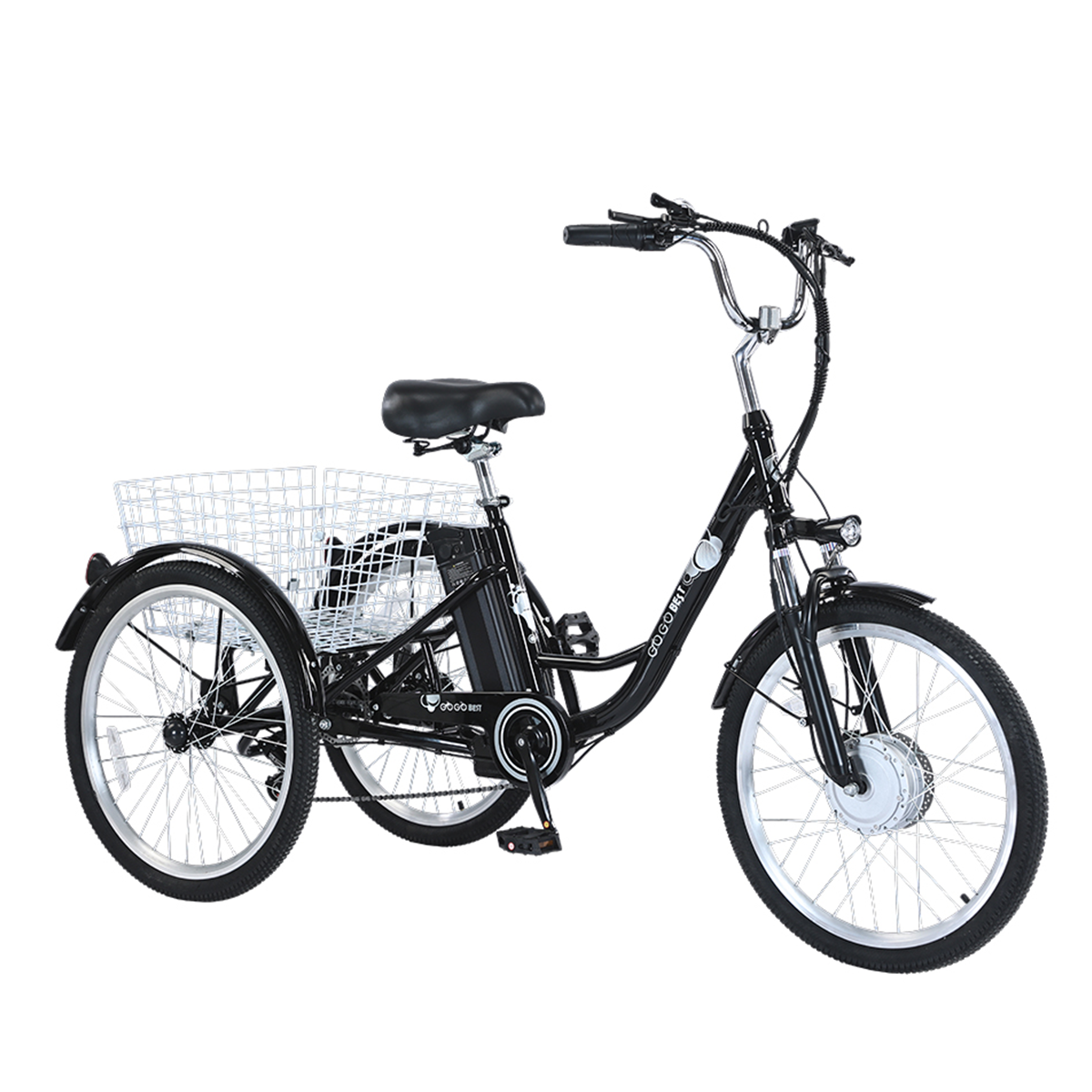 Czarny elektryczny trójkołowiec z koszem z tyłu.