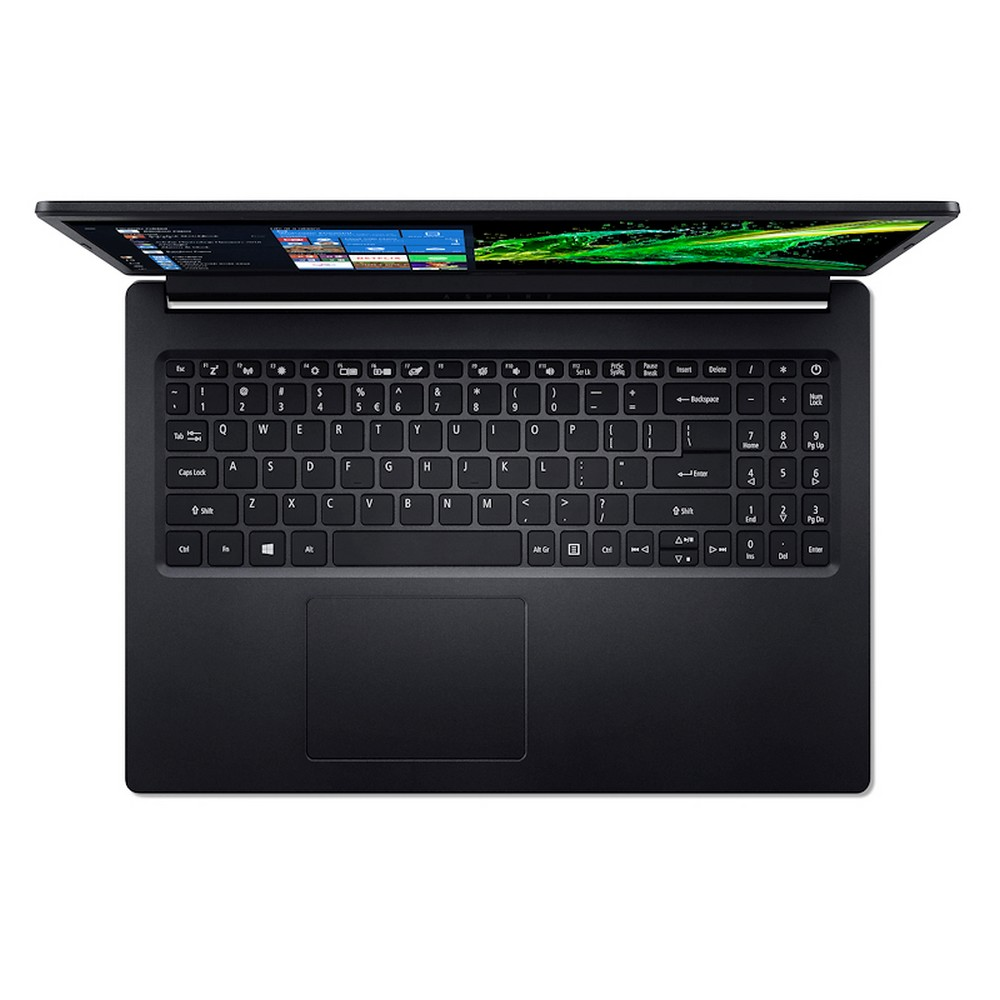 Tastiera di laptop nera, vista dall'alto, con schermo aperto che mostra sfondo vuoto.