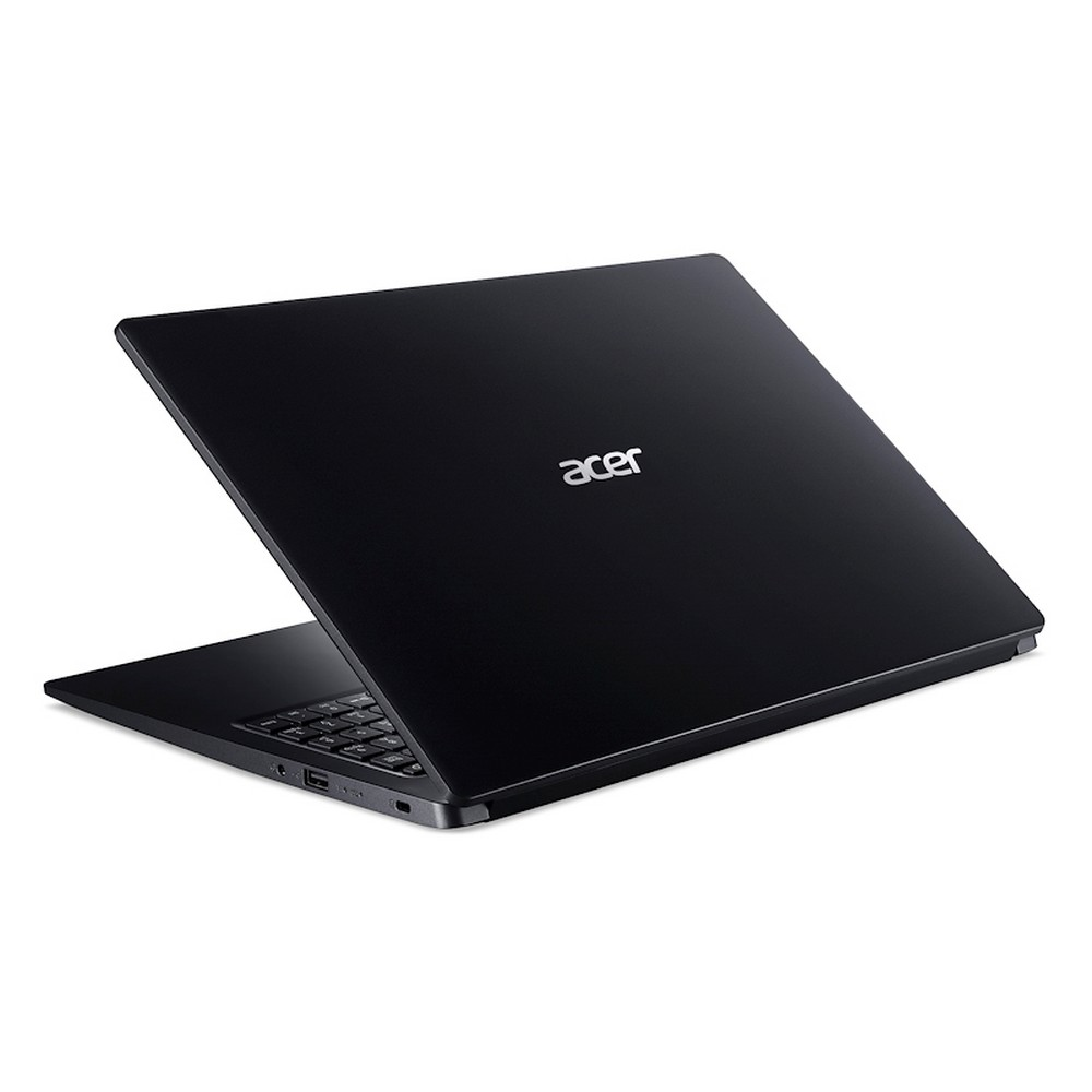 Un laptop Acer nero, chiuso e visto da dietro, su una superficie bianca.