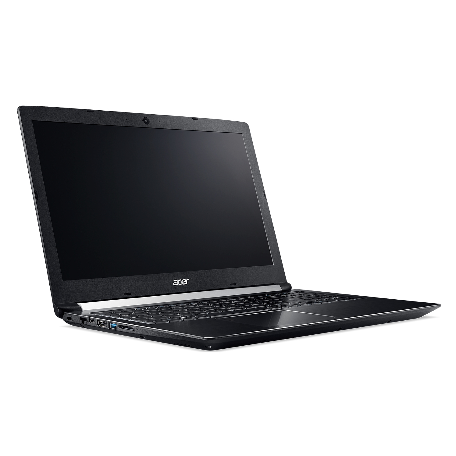 Laptop nero aperto con schermo rivolto verso l'alto. Logo Acer sul davanti. Sfondo bianco.