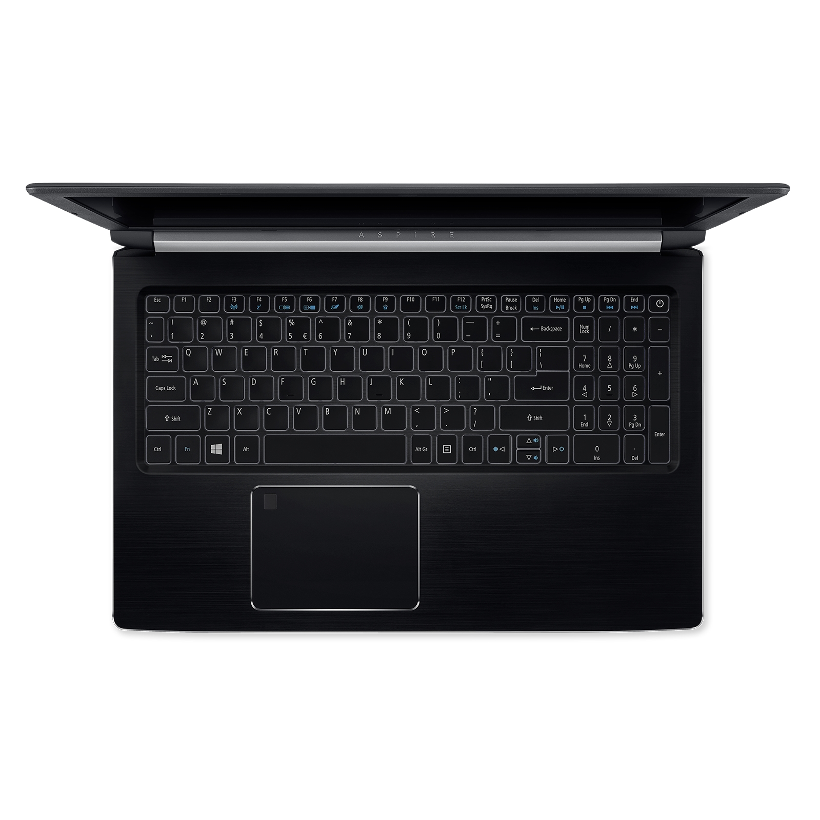 Laptop nero, vista dall'alto. Tastiera e touchpad visibili. Modello Aspire.