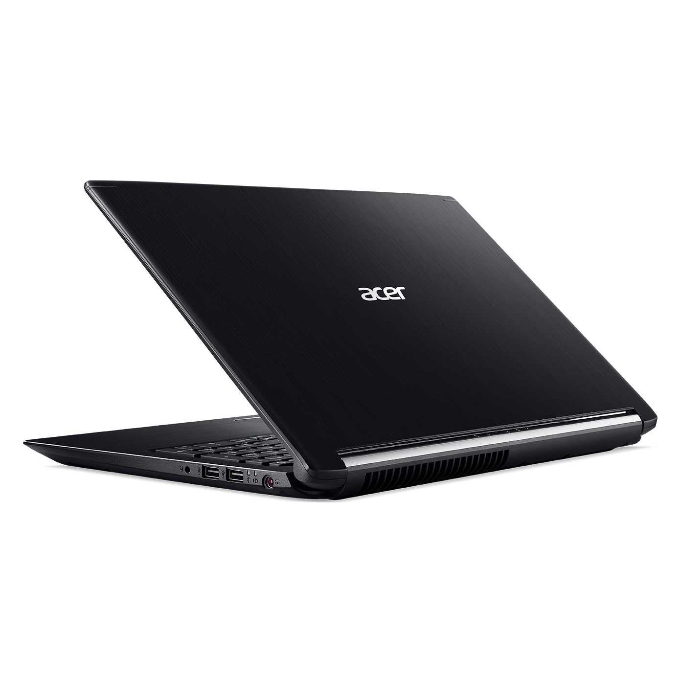 Laptop Acer nero, vista posteriore, leggermente aperto. Bordo argentato, sfondo bianco.