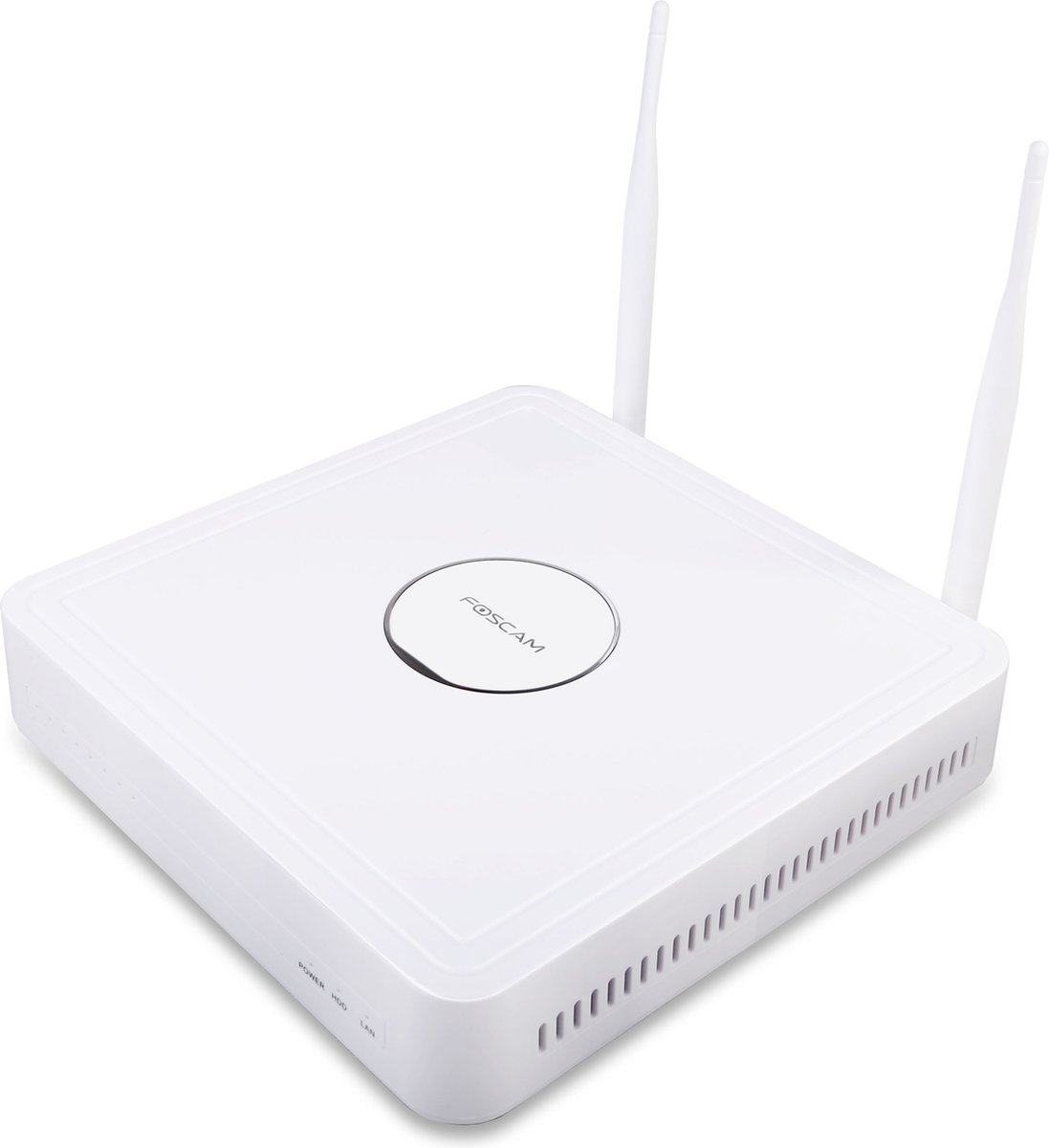 Routeur Foscam blanc avec deux antennes, vue de dessus.