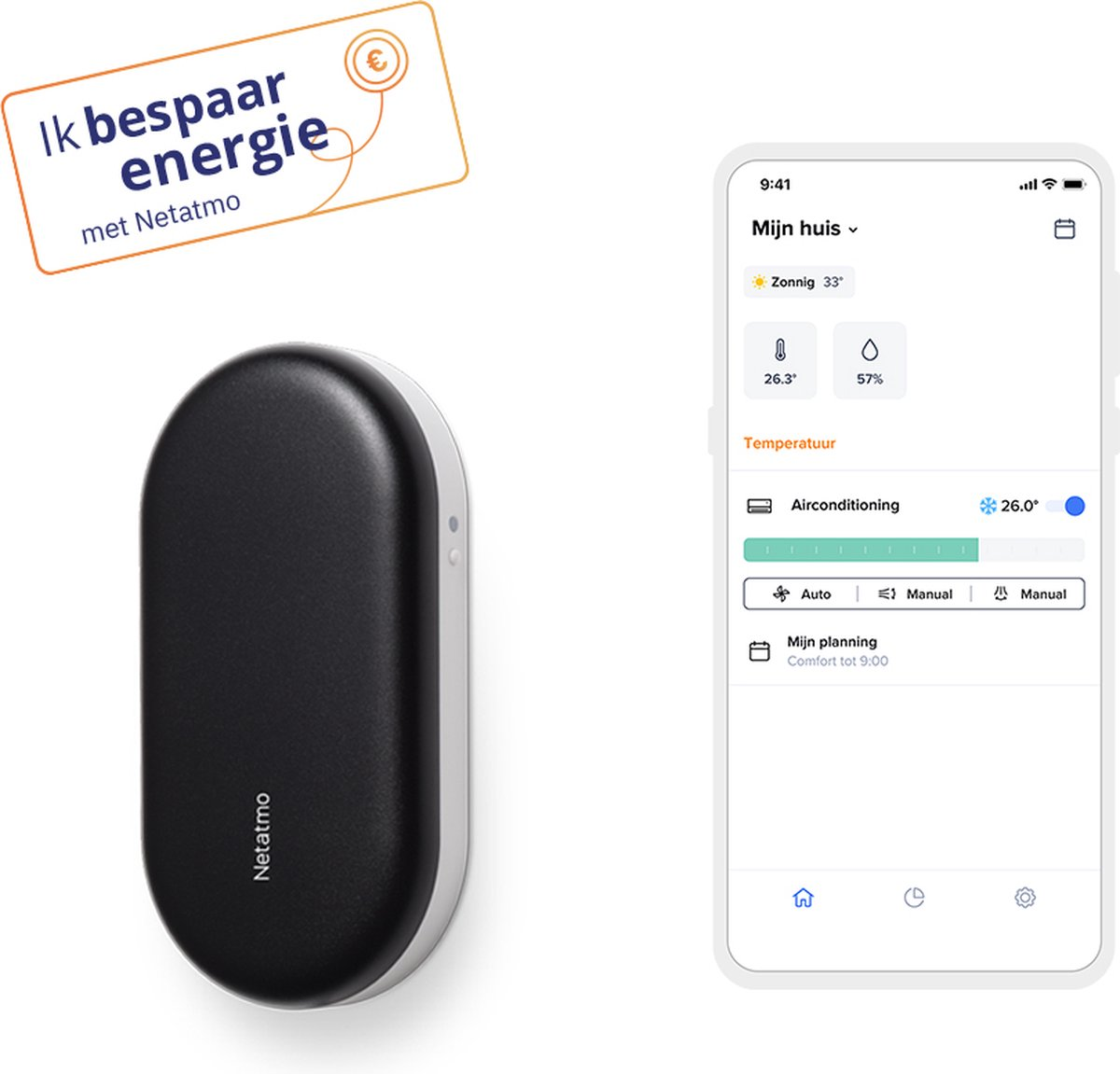 Smart home device with a black and white design, and a smartphone screen showing home data.