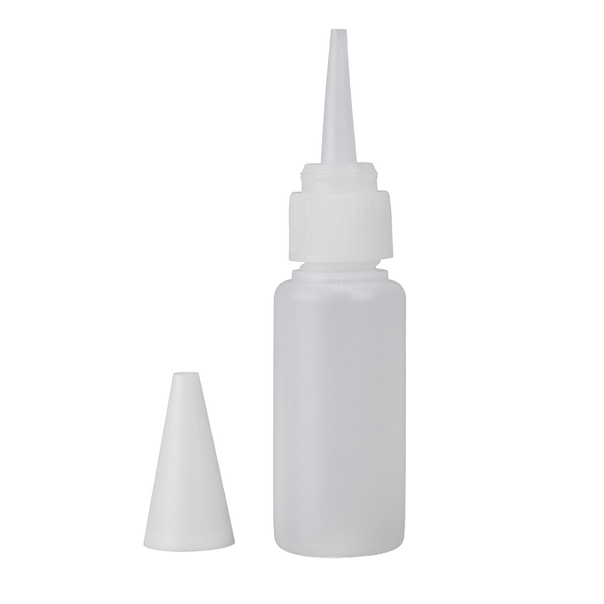 Biała butelka z klejem z długą, spiczastą końcówką aplikatora. Pokrywka jest zdjęta.